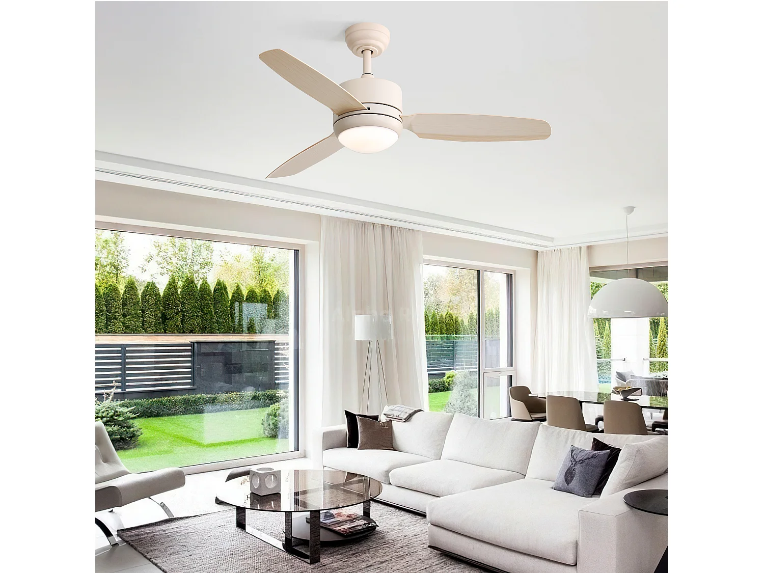 Ventilateur de plafond de 117 cm avec éclairage, 3 pales en ABS, moteur CC 6 vitesses, télécommande, blanc cassé (116,8 x 116,8 x 54 cm)