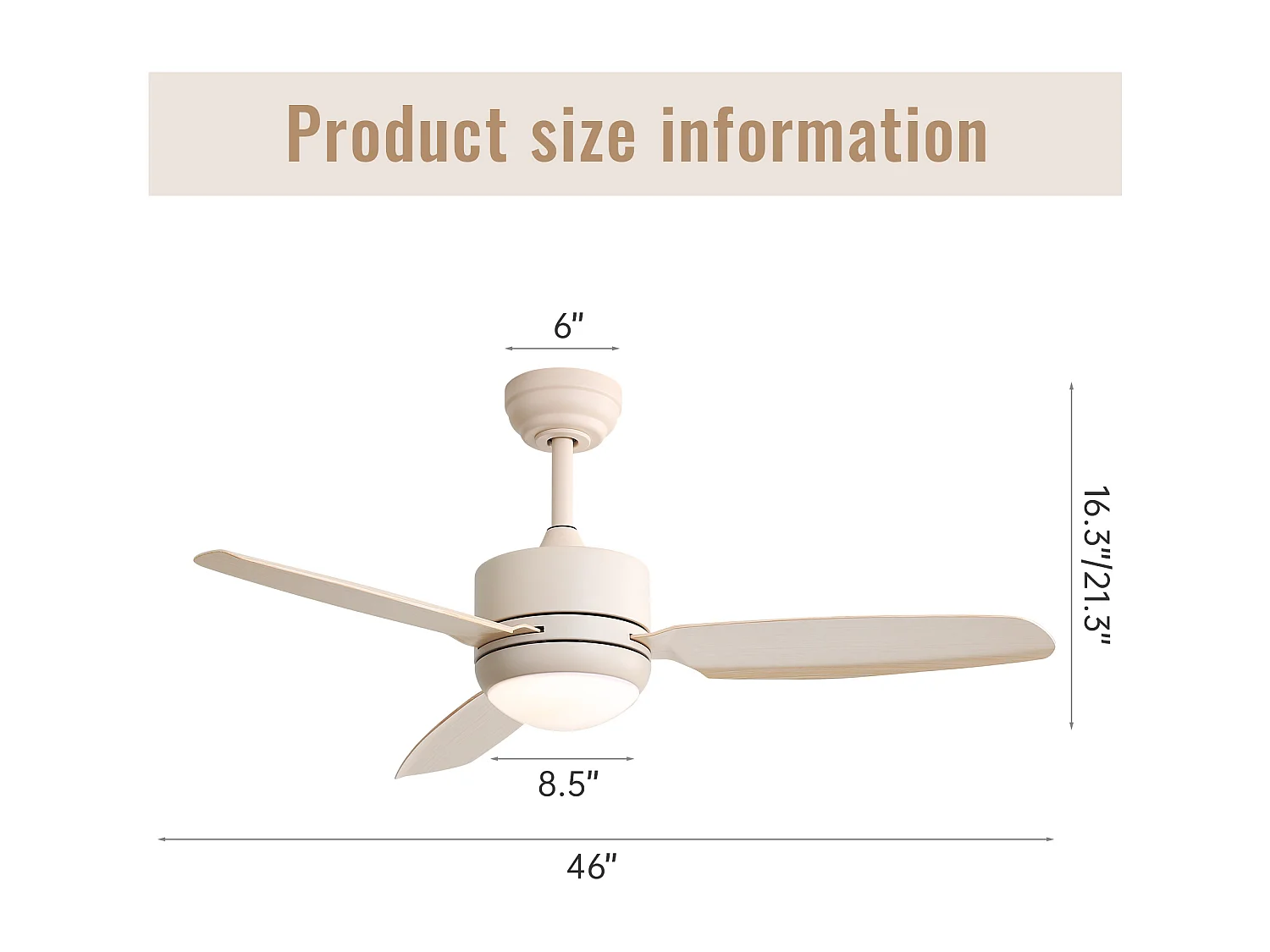Ventilateur de plafond de 117 cm avec éclairage, 3 pales en ABS, moteur CC 6 vitesses, télécommande, blanc cassé (116,8 x 116,8 x 54 cm)