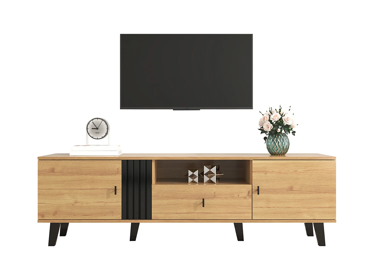 Mobile TV con due cassetti, design nero e legno, contenitore multifunzionale, (170x40x50,5cm)