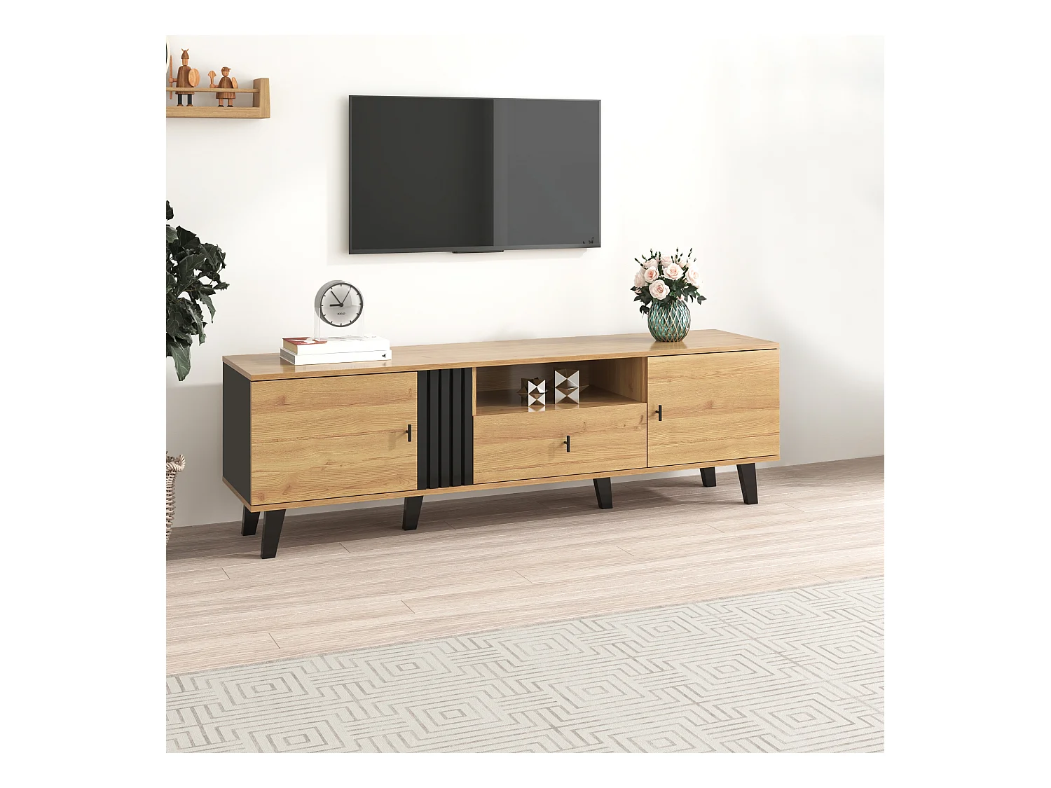 Mobile TV con due cassetti, design nero e legno, contenitore multifunzionale, (170x40x50,5cm)