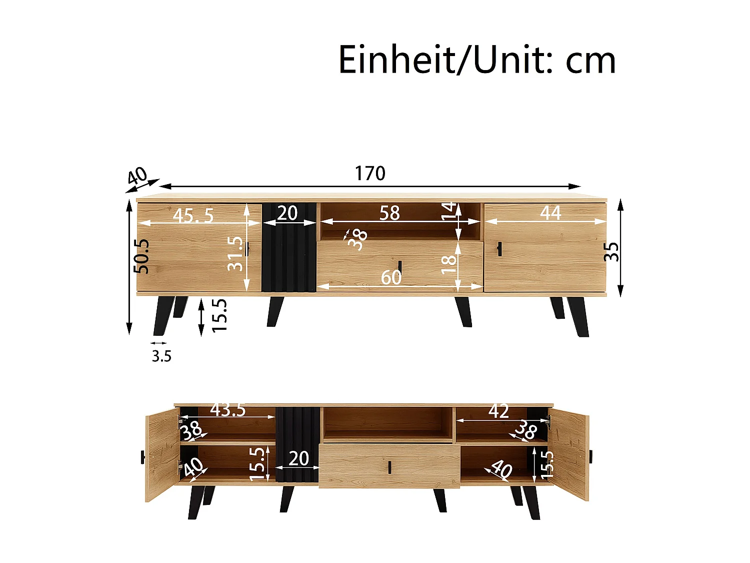 Meuble TV avec deux tiroirs, design noir et bois, rangement multifonction, (170x40x50.5cm)
