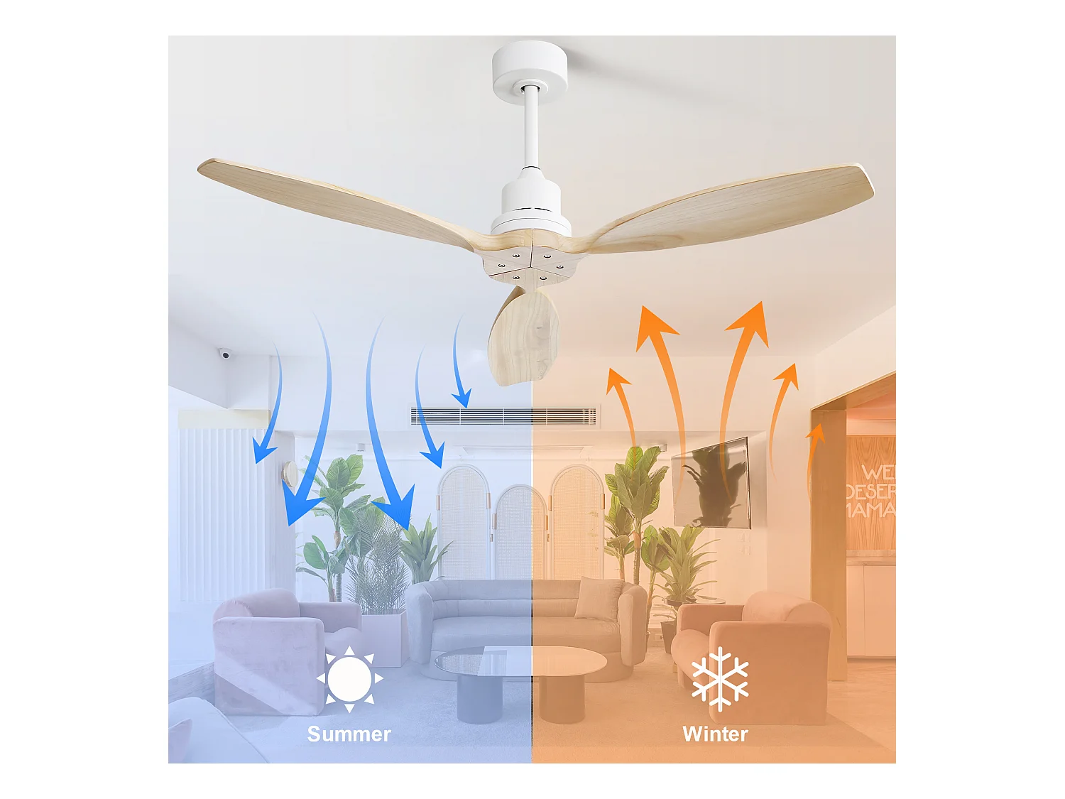 Ventilateur de plafond 52 pouces, pales en bois massif, sans lumière, 6 vitesses, télécommande, pour salon, terrasse, couleur blanche (132 x 132 x 34,5 cm)