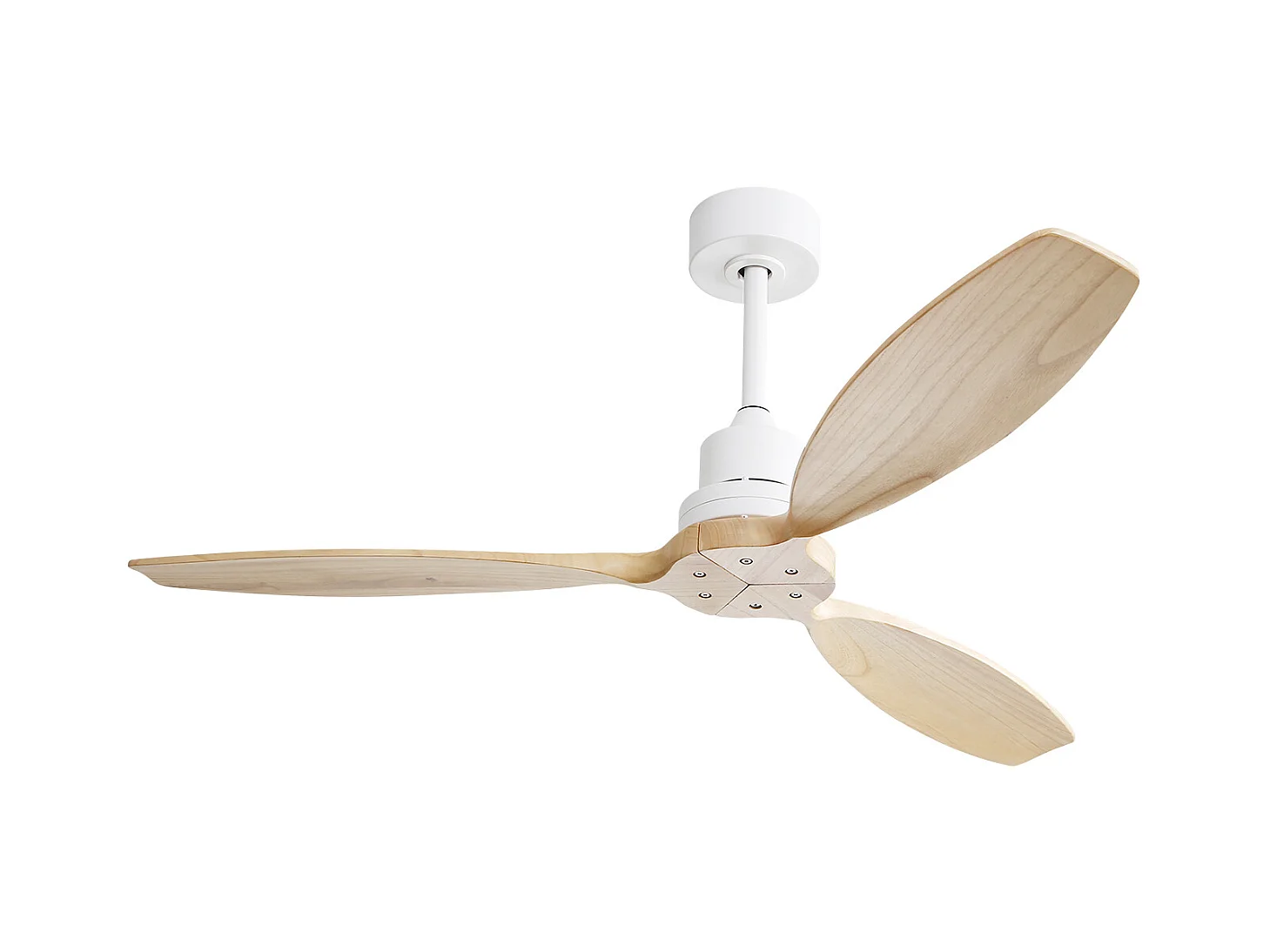 Ventilateur de plafond 52 pouces, pales en bois massif, sans lumière, 6 vitesses, télécommande, pour salon, terrasse, couleur blanche (132 x 132 x 34,5 cm)