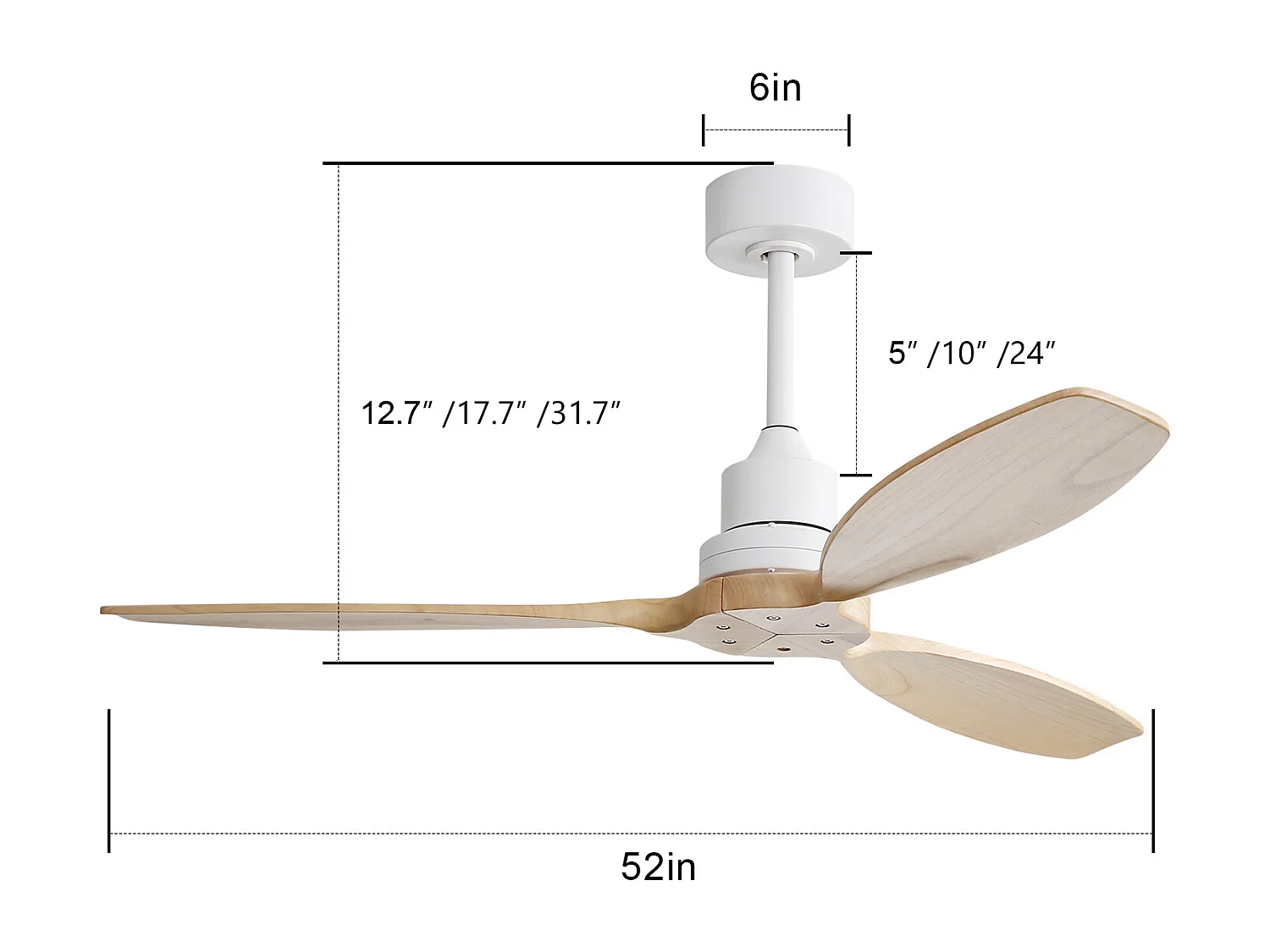 Ventilateur de plafond 52 pouces, pales en bois massif, sans lumière, 6 vitesses, télécommande, pour salon, terrasse, couleur blanche (132 x 132 x 34,5 cm)