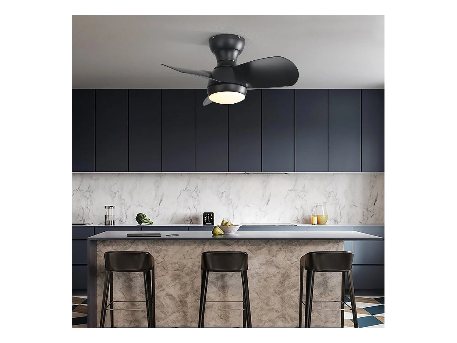 Ventilador de techo 23" para dormitorio, 3 aspas ABS regulables, control remoto, motor CC reversible, LED 18W, negro (58,4x58,4x27,1cm)