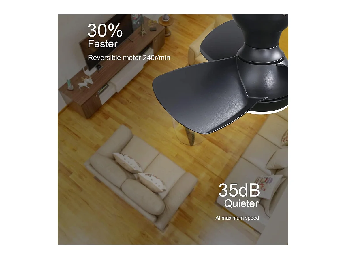 Ventilador de techo 23" para dormitorio, 3 aspas ABS regulables, control remoto, motor CC reversible, LED 18W, negro (58,4x58,4x27,1cm)
