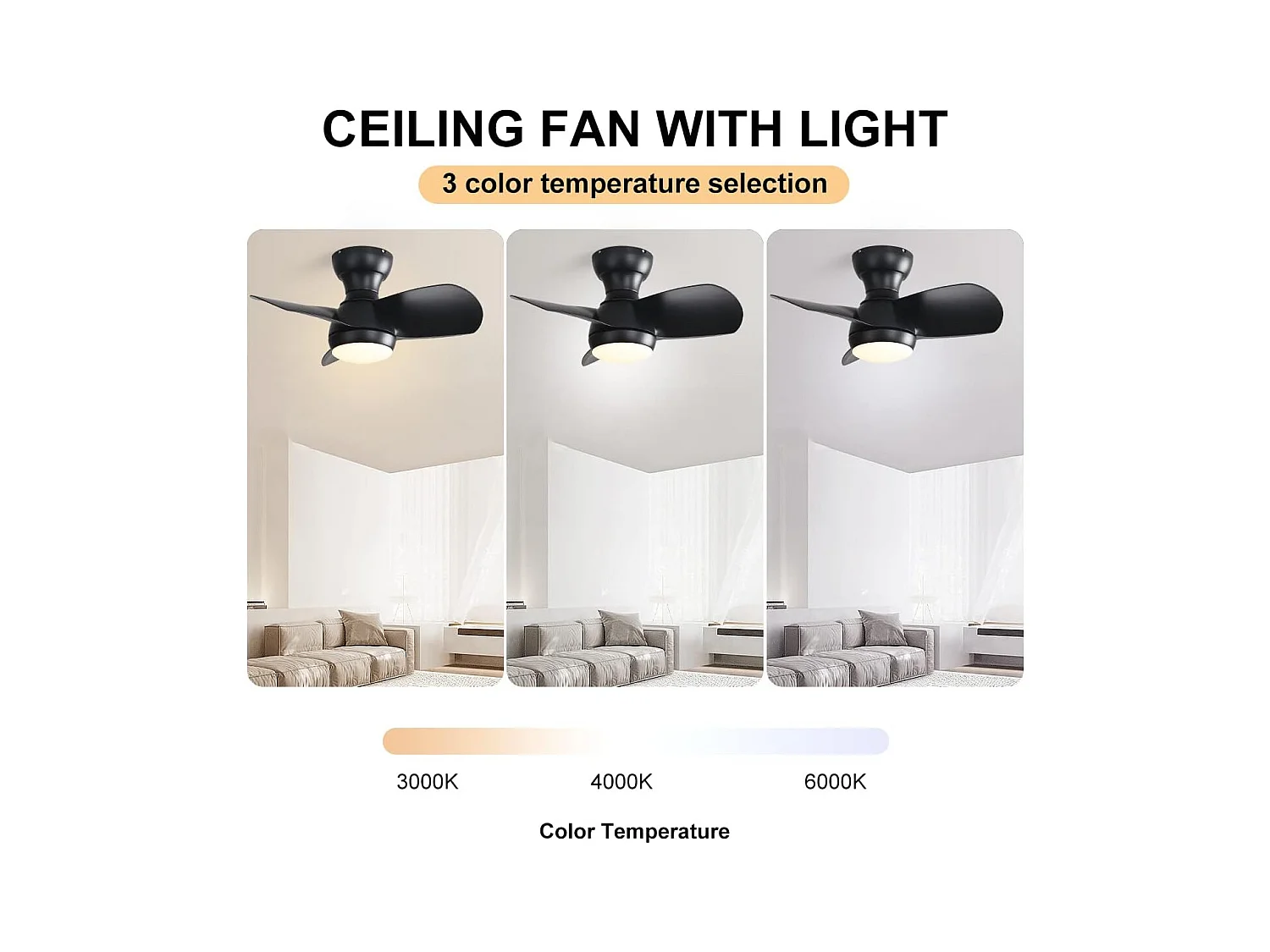 Ventilador de techo 23" para dormitorio, 3 aspas ABS regulables, control remoto, motor CC reversible, LED 18W, negro (58,4x58,4x27,1cm)