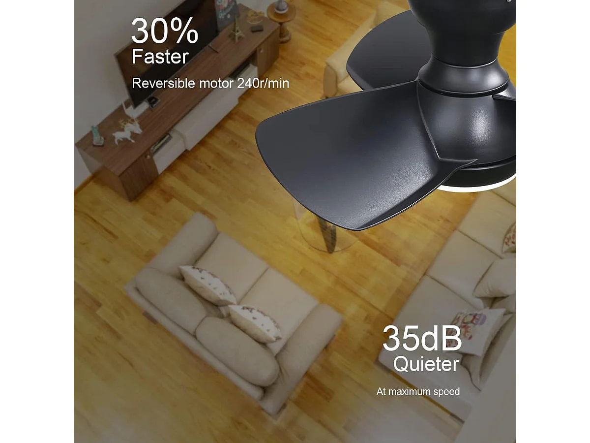 Ventilatore da soffitto per camera da letto 23" con 3 pale in ABS dimmerabili 3 colori, telecomando, motore CC reversibile, nero(58,4x58,4x27,1 cm)