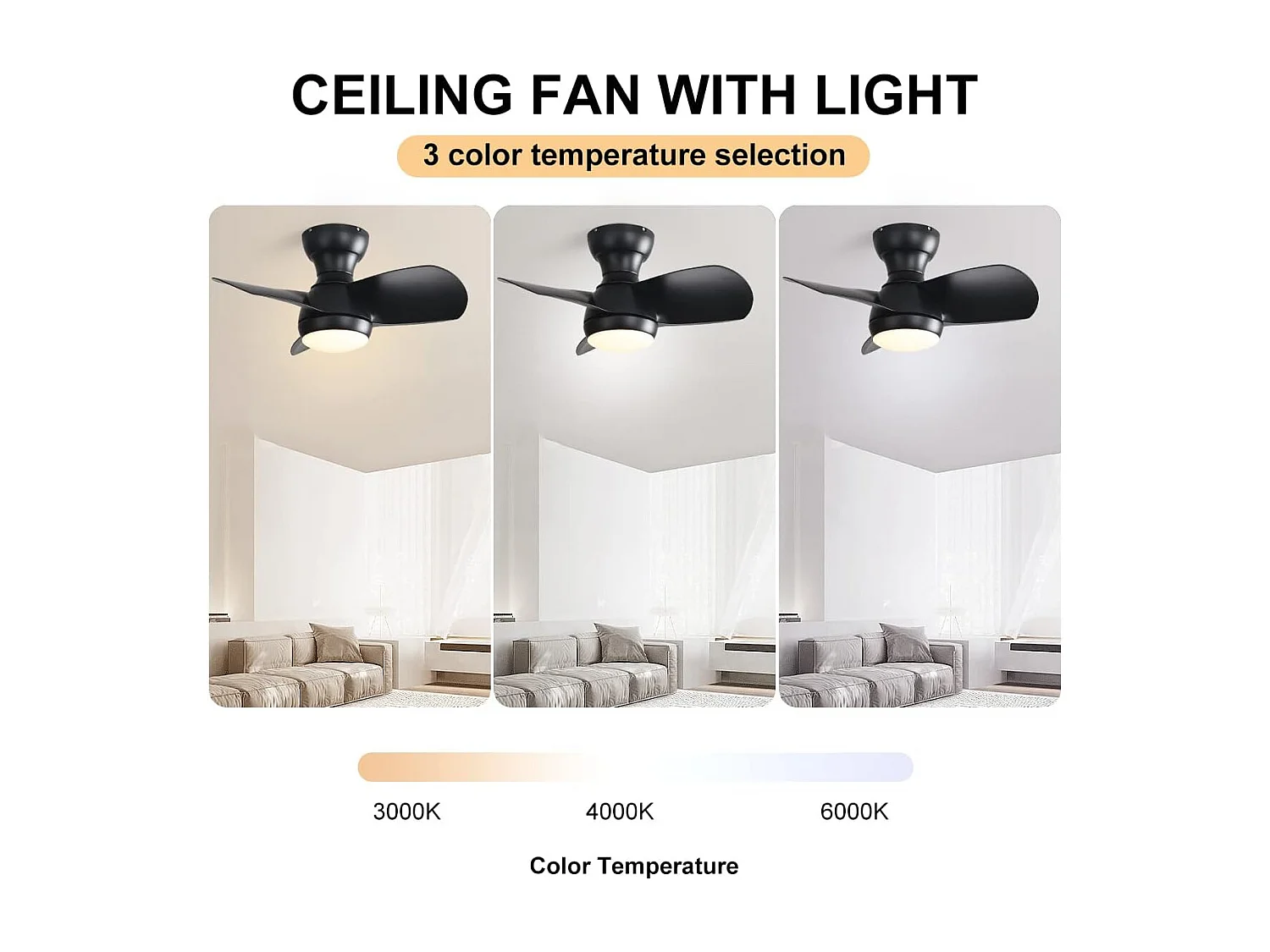 Ventilatore da soffitto per camera da letto 23" con 3 pale in ABS dimmerabili 3 colori, telecomando, motore CC reversibile, nero(58,4x58,4x27,1 cm)