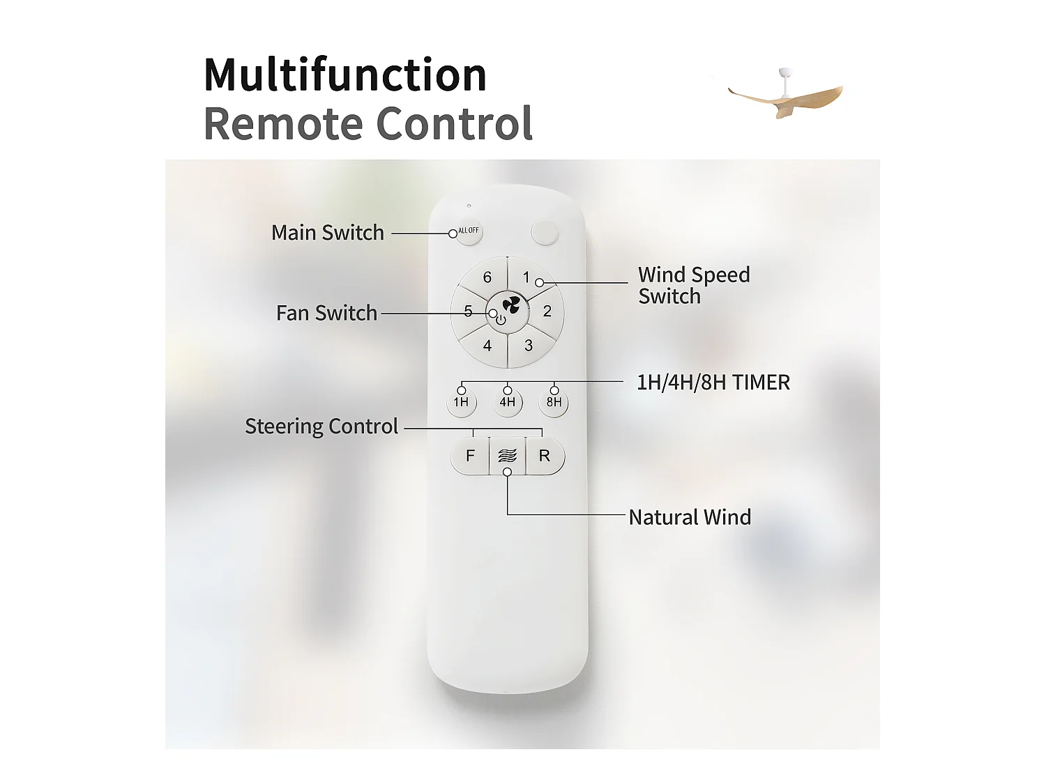 Ventilateur de plafond intérieur de 132 cm sans éclairage, télécommande 6 vitesses, 3 pales en ABS, moteur CC réversible pour la maison (132 x 132 x 30 cm)