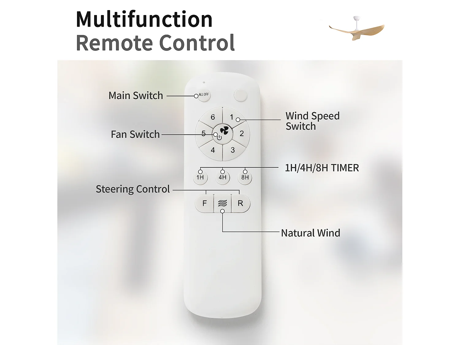 Ventilateur de plafond intérieur de 132 cm sans éclairage, télécommande 6 vitesses, 3 pales en ABS, moteur CC réversible pour la maison (132 x 132 x 30 cm)