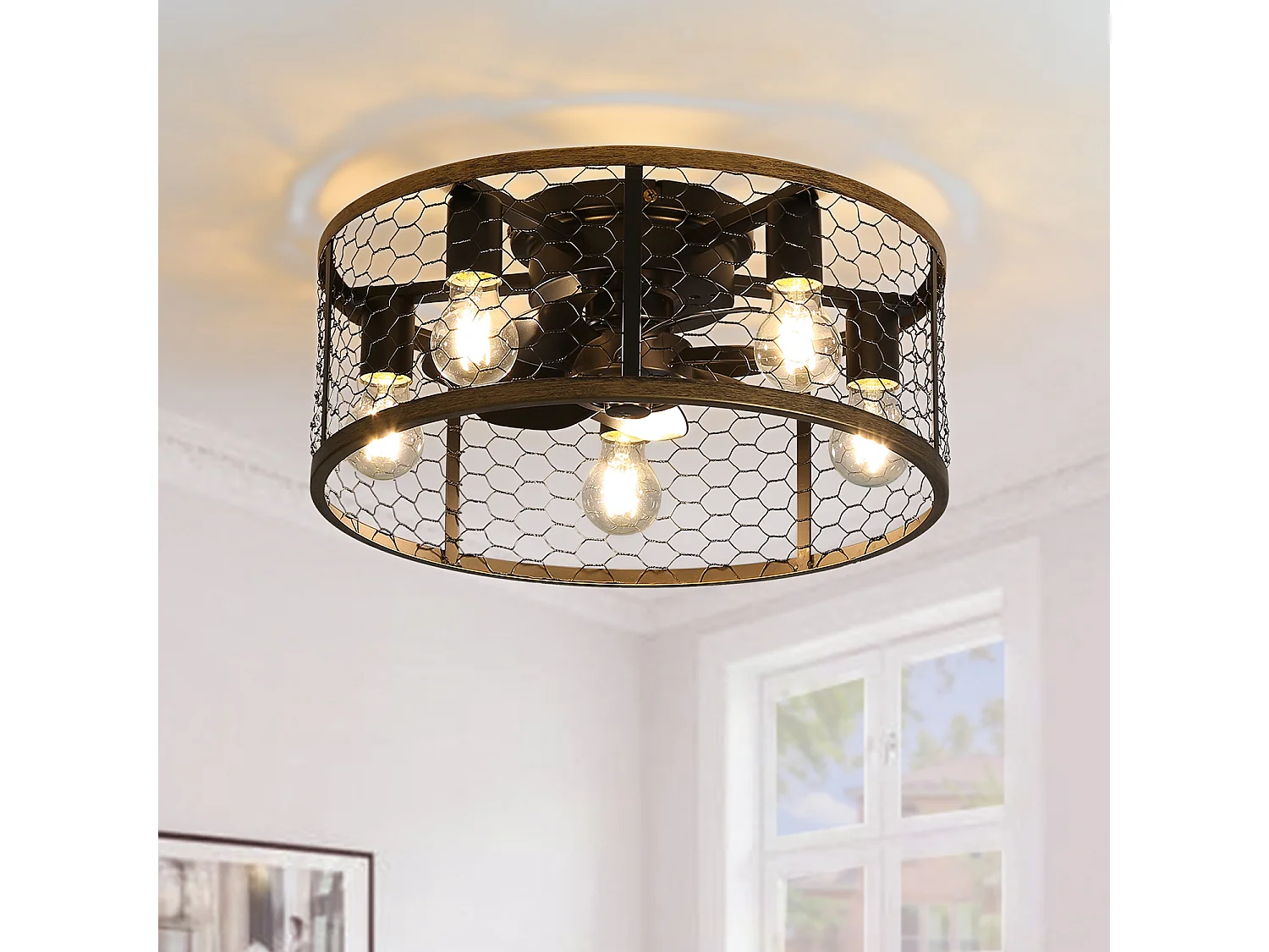 Ventilateur de plafond industriel cage de 50 cm avec 7 pales en ABS, télécommande, moteur CC réversible (50,8 x 50,8 x 18 cm)