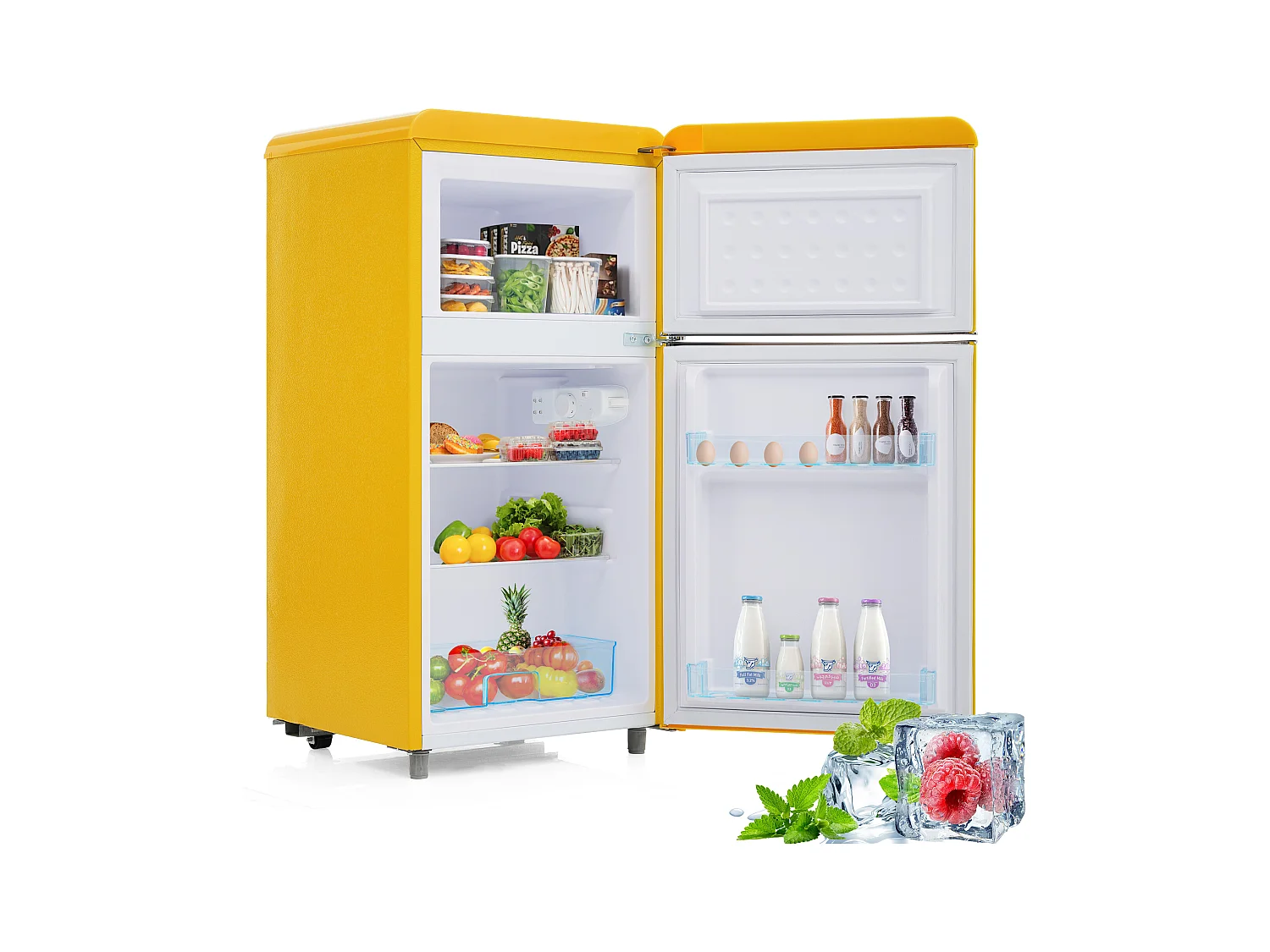 Mini Réfrigérateur Retro, 72L Total, 21L Congélateur, 51L Réfrigérateur, Énergie Classe E, LED, Design Rétro, Jaune (45x44x91cm)