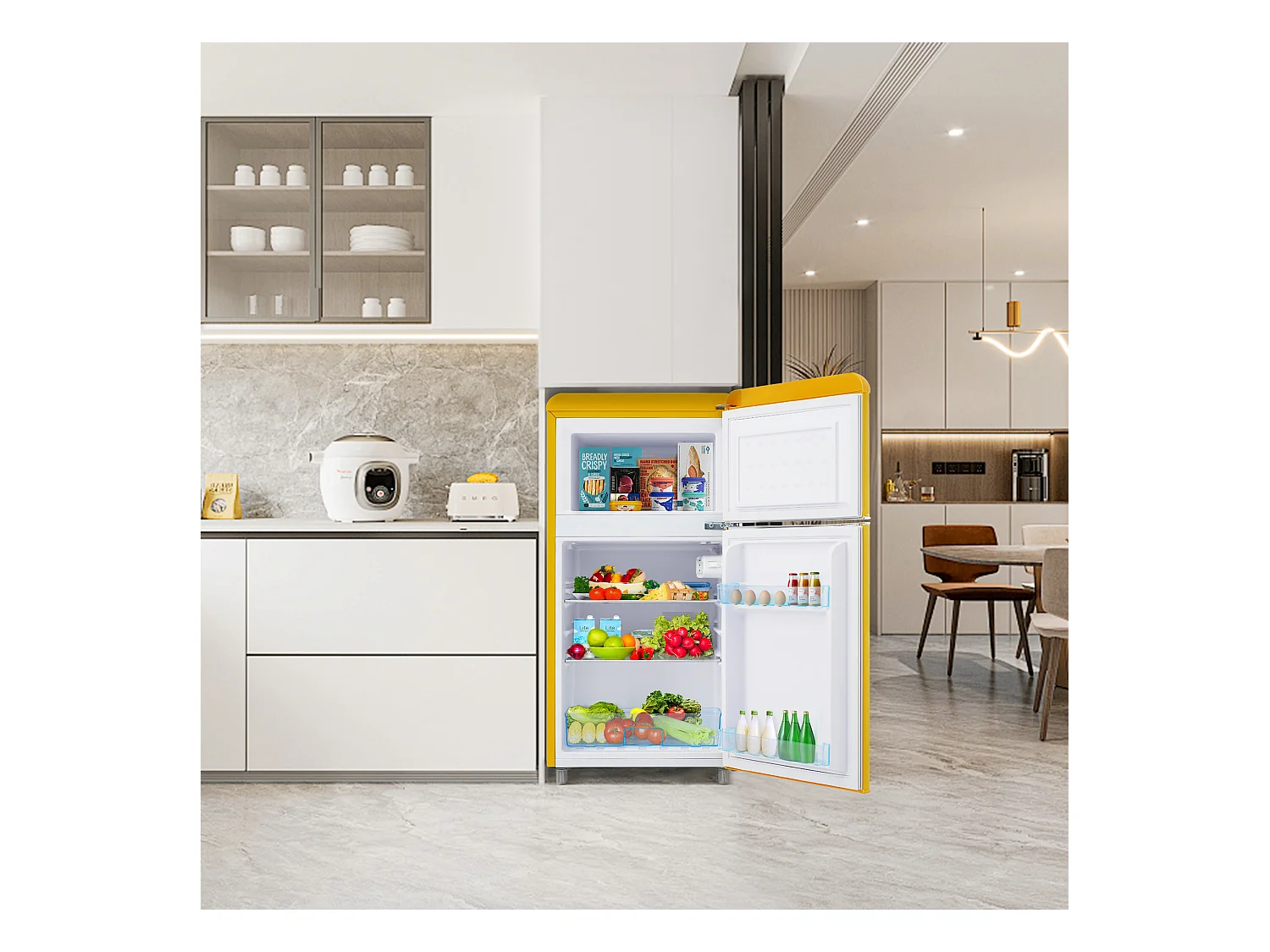 Mini Réfrigérateur Retro, 72L Total, 21L Congélateur, 51L Réfrigérateur, Énergie Classe E, LED, Design Rétro, Jaune (45x44x91cm)