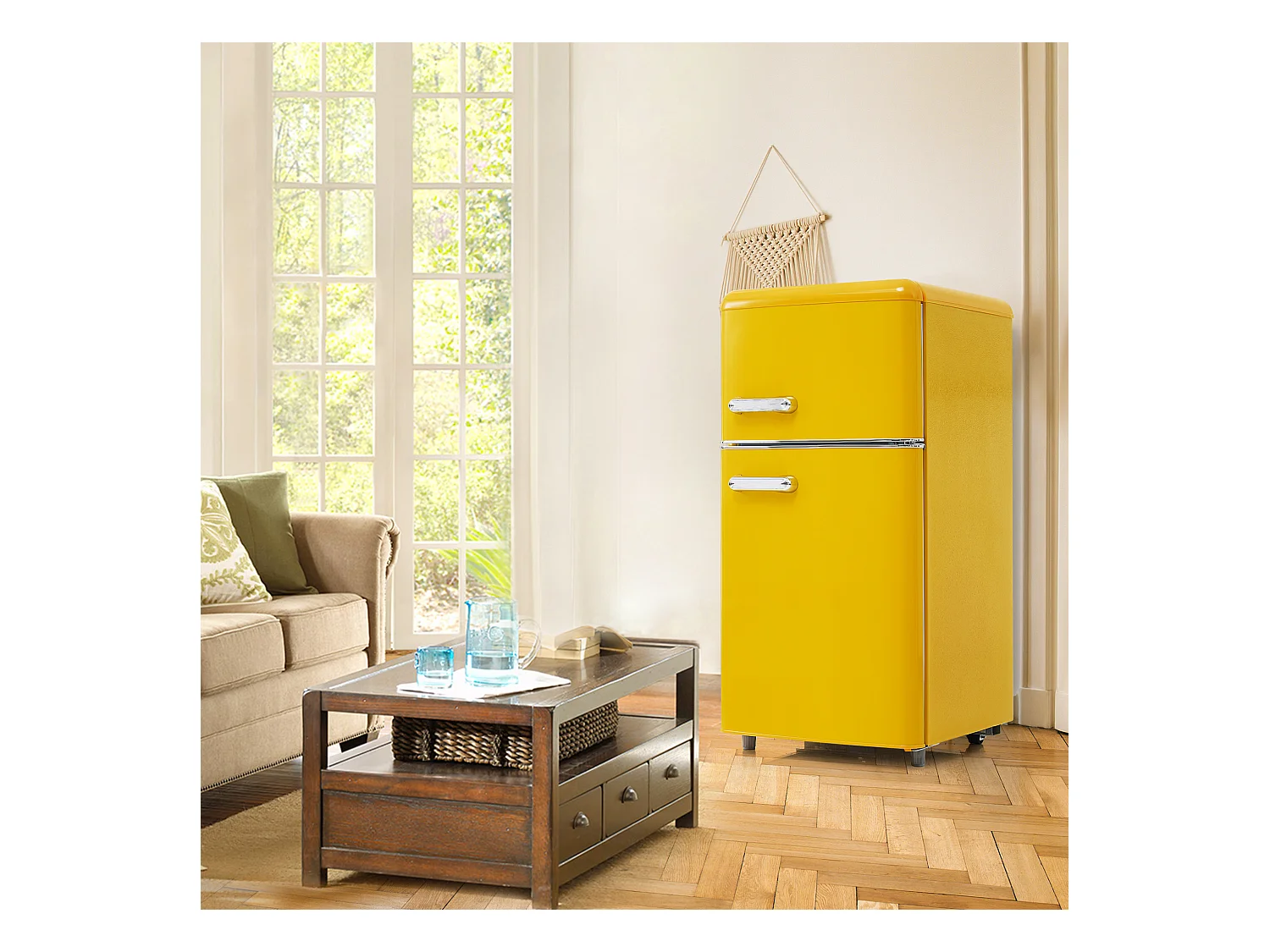 Mini Réfrigérateur Retro, 72L Total, 21L Congélateur, 51L Réfrigérateur, Énergie Classe E, LED, Design Rétro, Jaune (45x44x91cm)