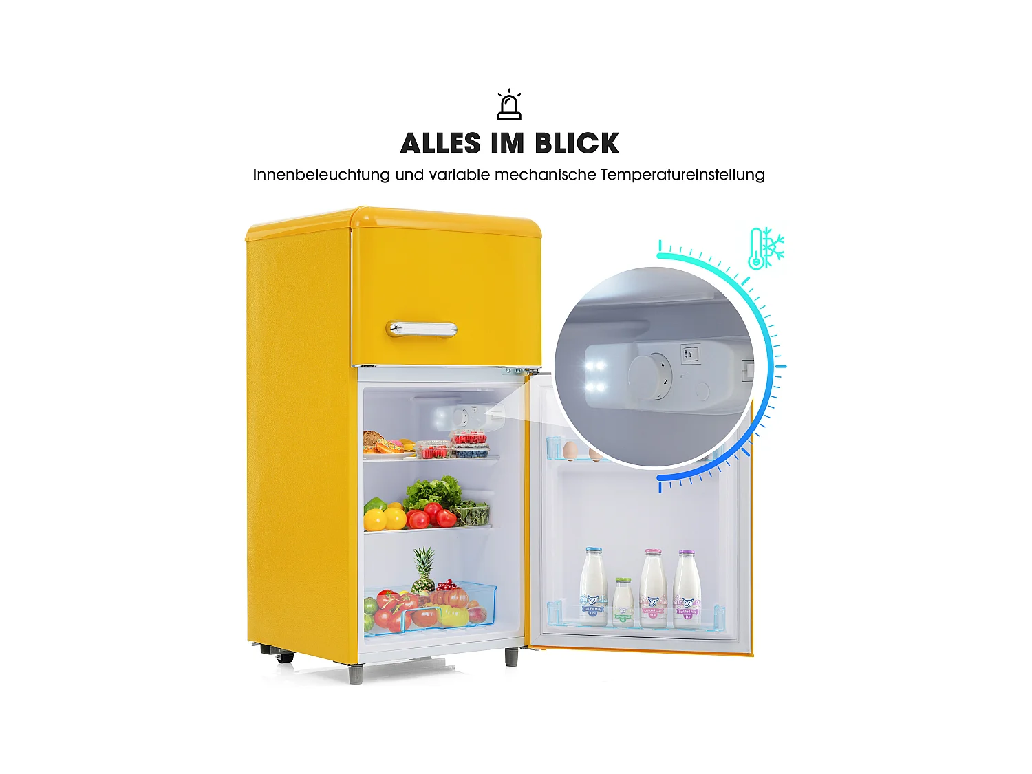 Mini Réfrigérateur Retro, 72L Total, 21L Congélateur, 51L Réfrigérateur, Énergie Classe E, LED, Design Rétro, Jaune (45x44x91cm)