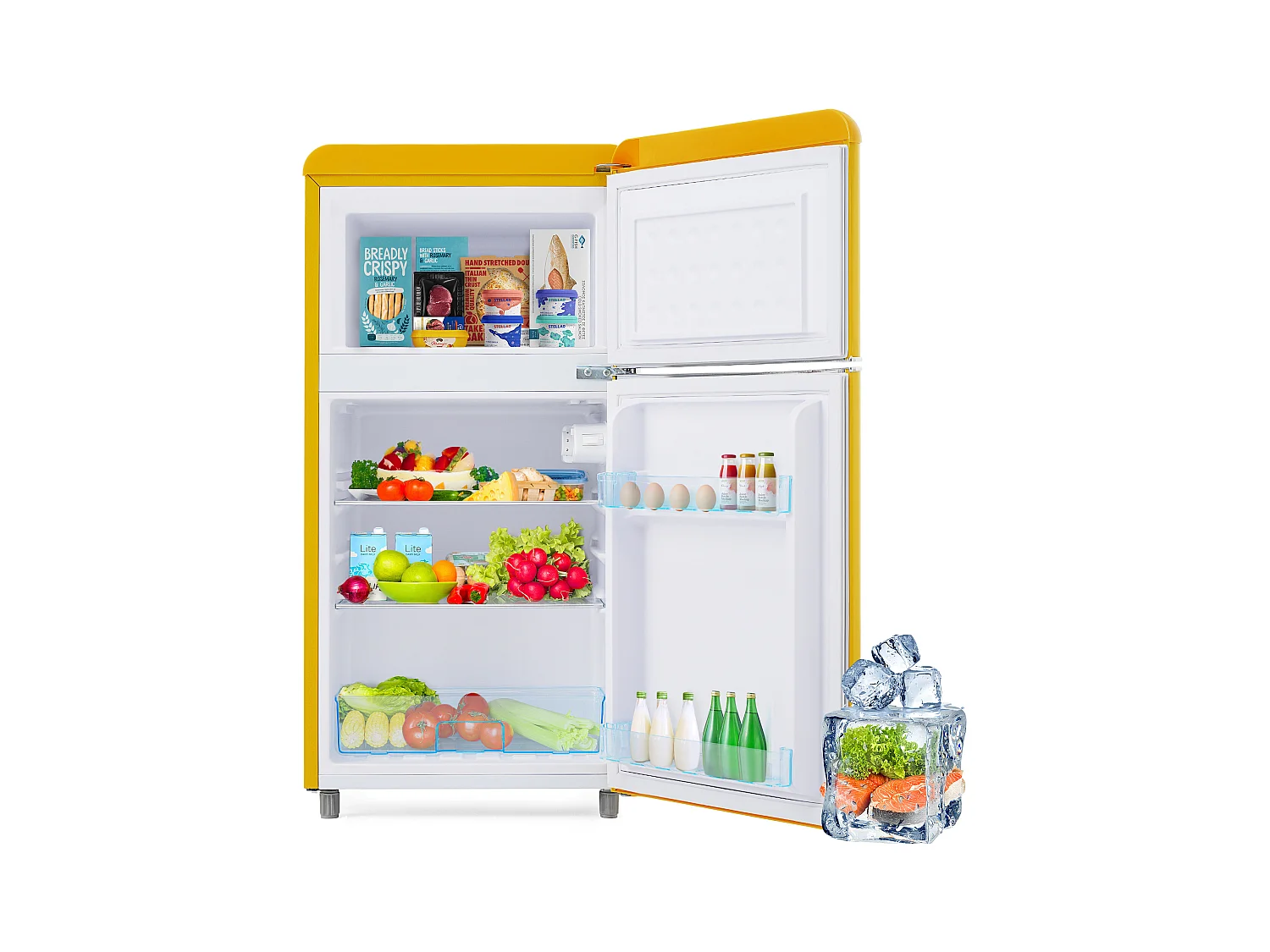 Mini Réfrigérateur Retro, 72L Total, 21L Congélateur, 51L Réfrigérateur, Énergie Classe E, LED, Design Rétro, Jaune (45x44x91cm)