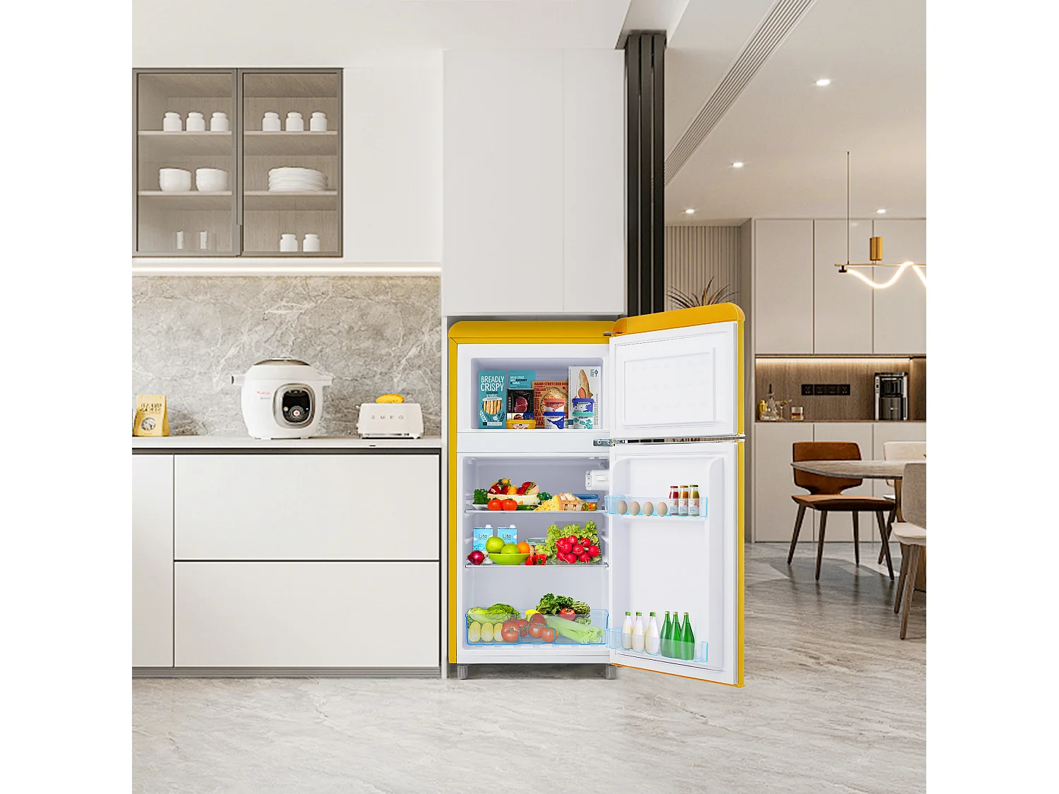 Mini Réfrigérateur Retro, 72L Total, 21L Congélateur, 51L Réfrigérateur, Énergie Classe E, LED, Design Rétro, Jaune (45x44x91cm)