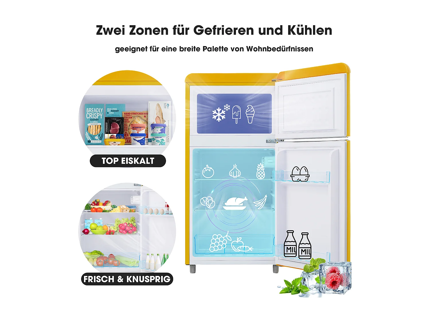 Mini Réfrigérateur Retro, 72L Total, 21L Congélateur, 51L Réfrigérateur, Énergie Classe E, LED, Design Rétro, Jaune (45x44x91cm)