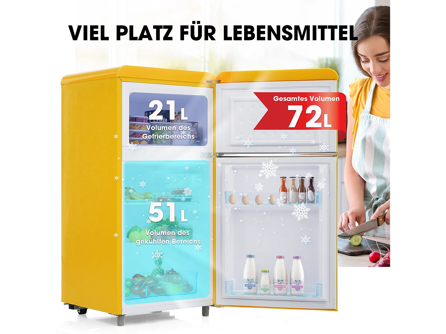 Mini Réfrigérateur Retro, 72L Total, 21L Congélateur, 51L Réfrigérateur, Énergie Classe E, LED, Design Rétro, Jaune (45x44x91cm)