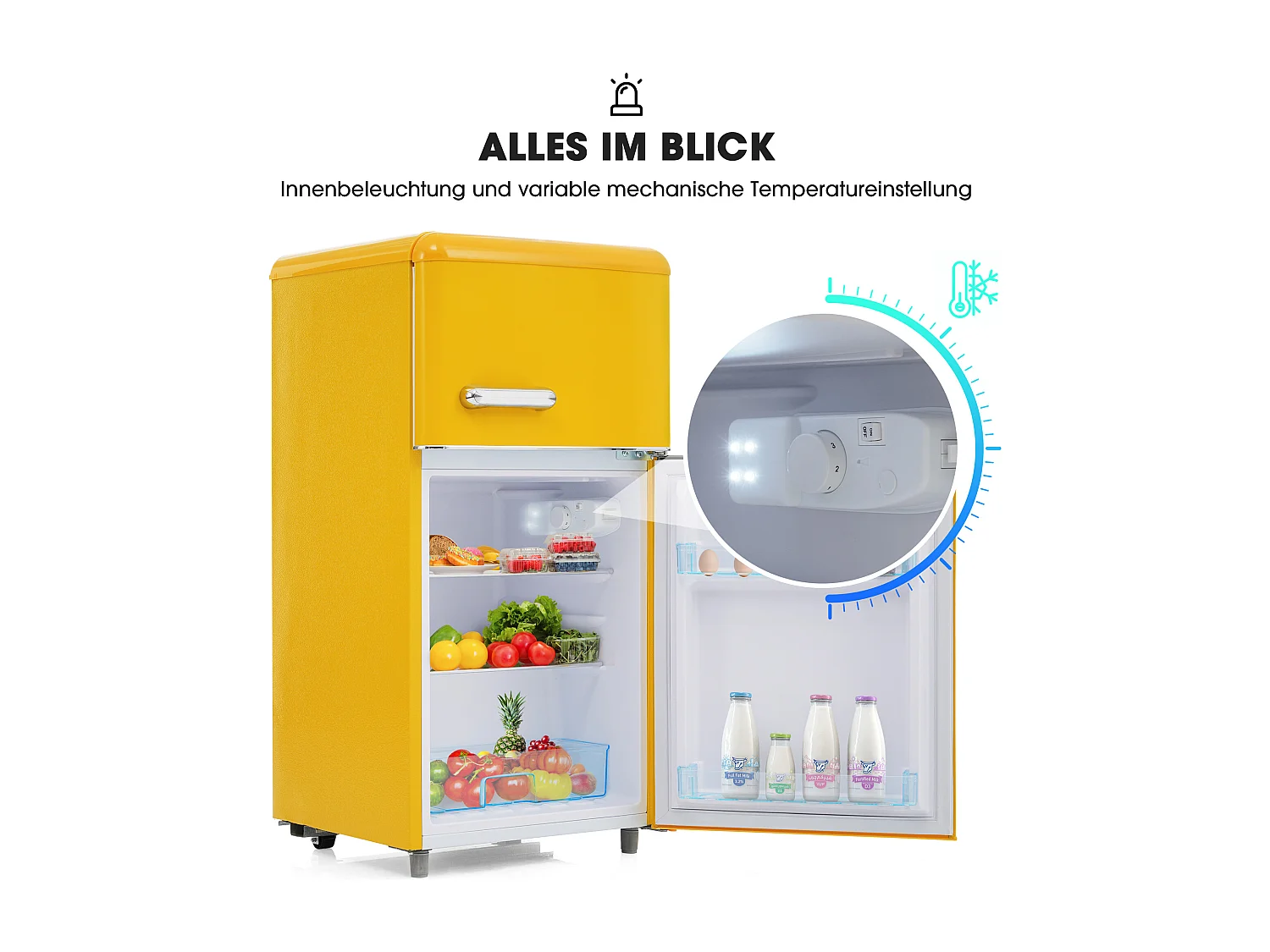 Mini Réfrigérateur Retro, 72L Total, 21L Congélateur, 51L Réfrigérateur, Énergie Classe E, LED, Design Rétro, Jaune (45x44x91cm)