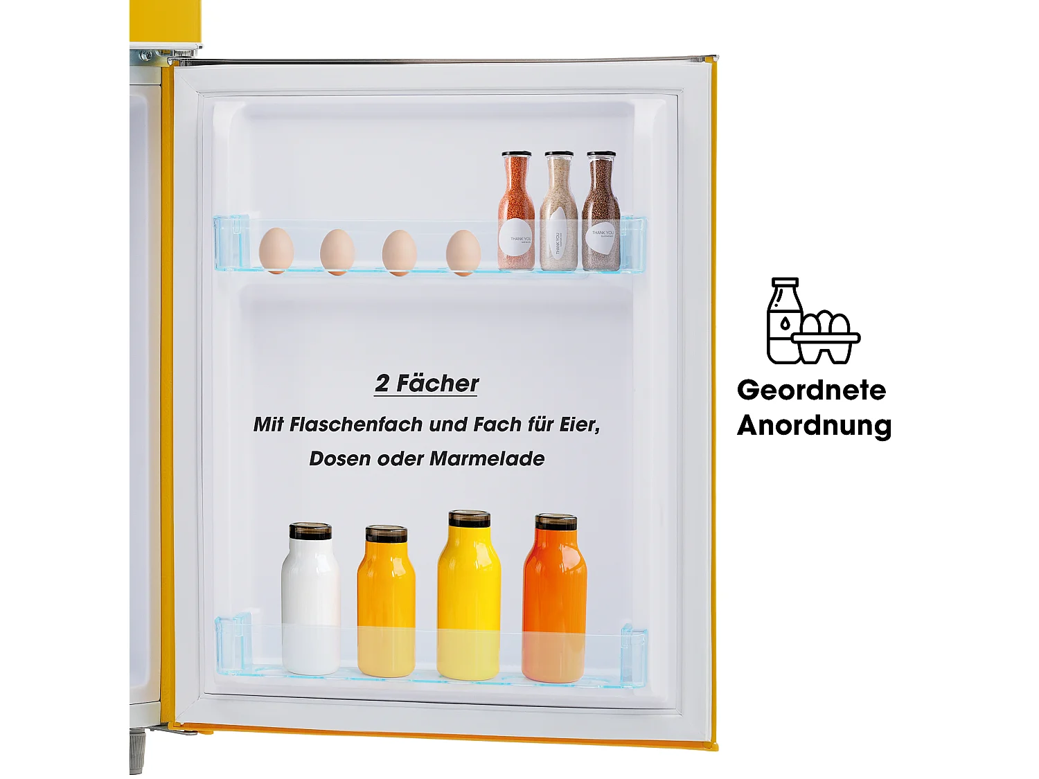 Mini Réfrigérateur Retro, 72L Total, 21L Congélateur, 51L Réfrigérateur, Énergie Classe E, LED, Design Rétro, Jaune (45x44x91cm)