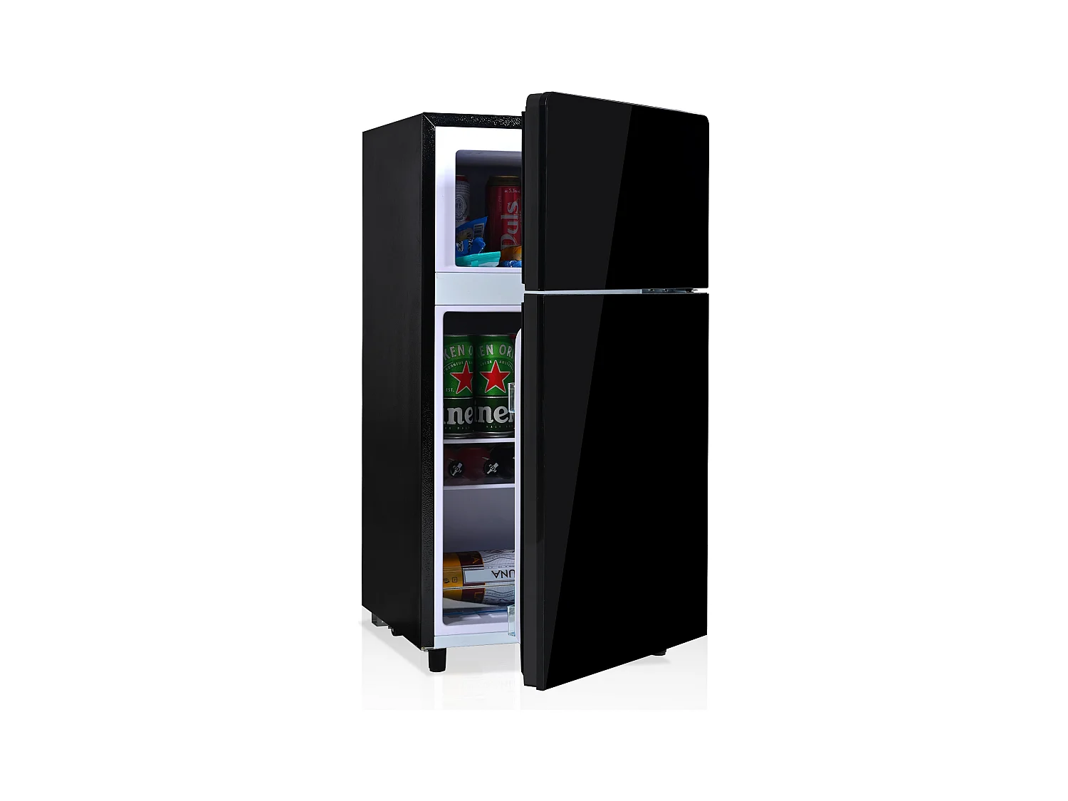 Mini Réfrigérateur 72L, 39dB, 7 Niveaux de Température, LED, R600a, Congélateur 21L, Réfrigérateur 51L, Acier Inox, Noir (49x44.5x86.5cm)