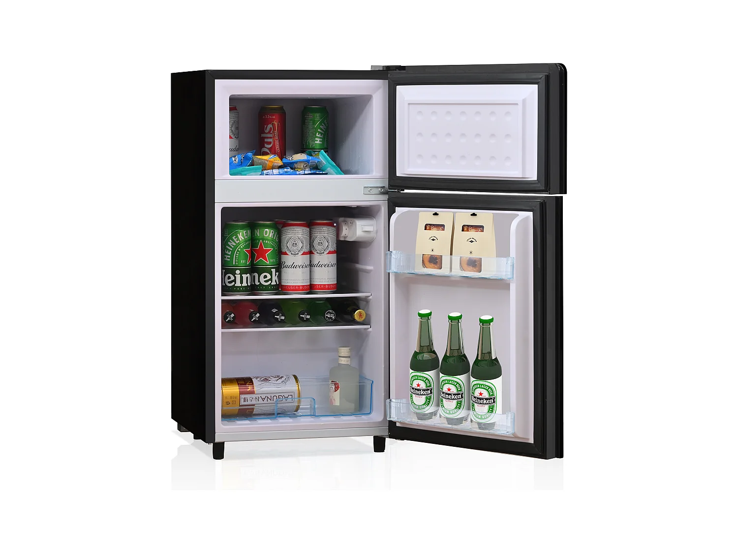 Mini Réfrigérateur 72L, 39dB, 7 Niveaux de Température, LED, R600a, Congélateur 21L, Réfrigérateur 51L, Acier Inox, Noir (49x44.5x86.5cm)