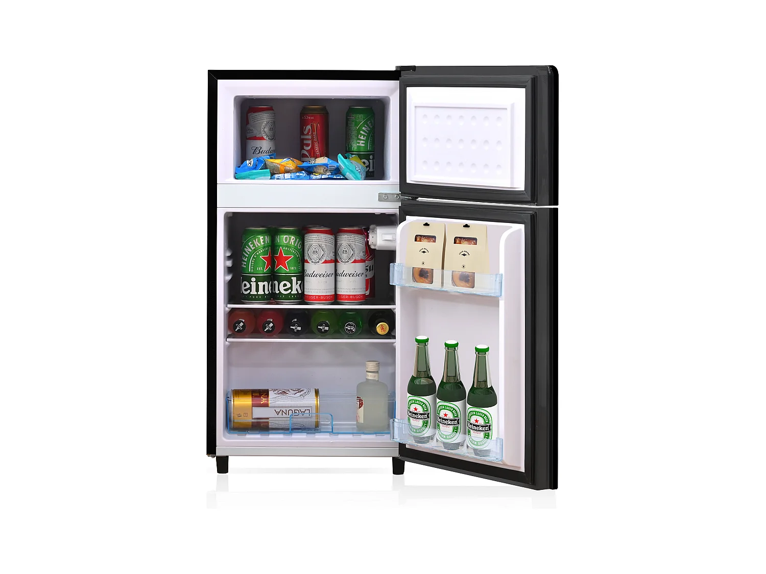 Mini Réfrigérateur 72L, 39dB, 7 Niveaux de Température, LED, R600a, Congélateur 21L, Réfrigérateur 51L, Acier Inox, Noir (49x44.5x86.5cm)