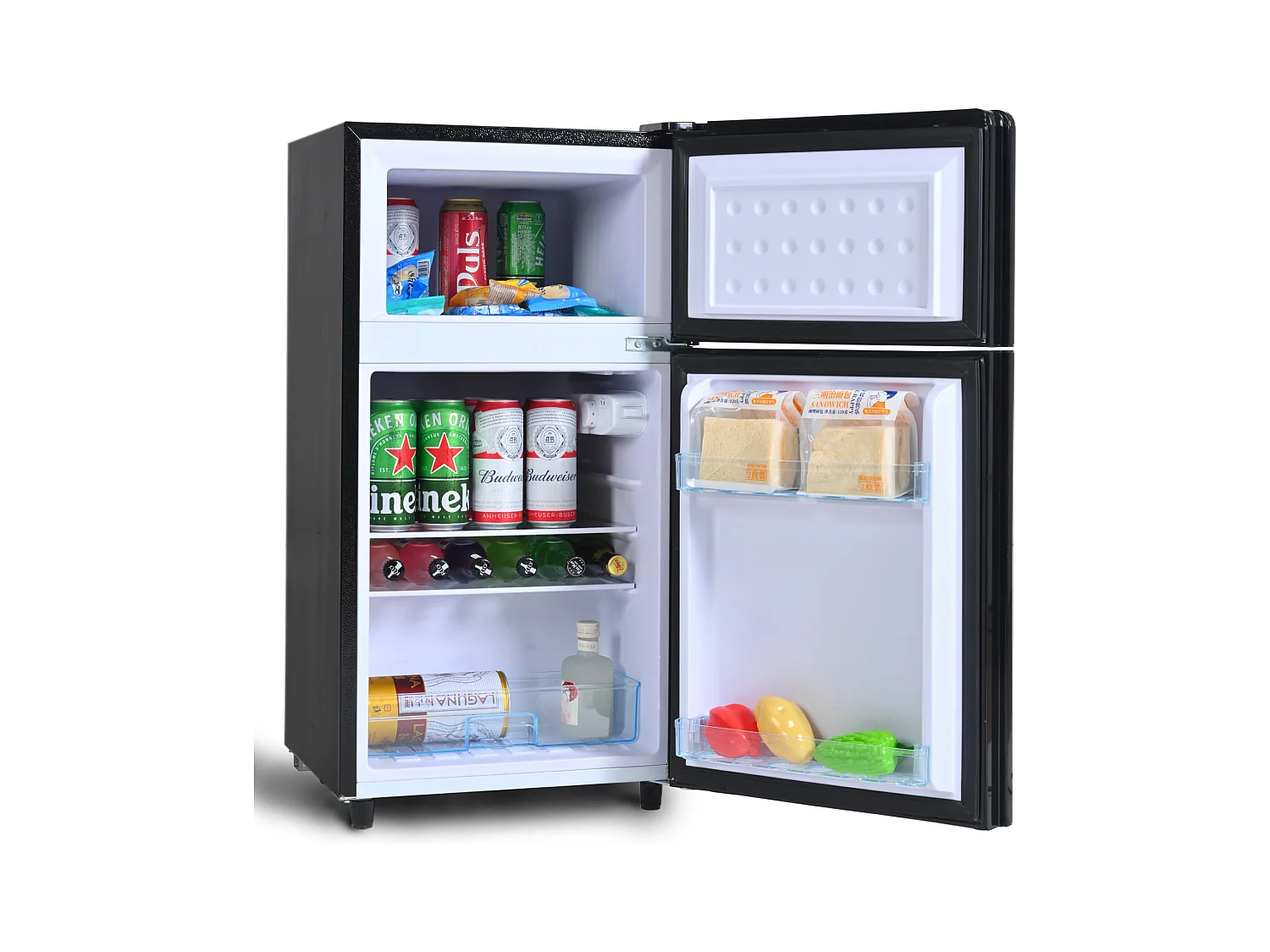 Mini Réfrigérateur 72L, 39dB, 7 Niveaux de Température, LED, R600a, Congélateur 21L, Réfrigérateur 51L, Acier Inox, Noir (49x44.5x86.5cm)