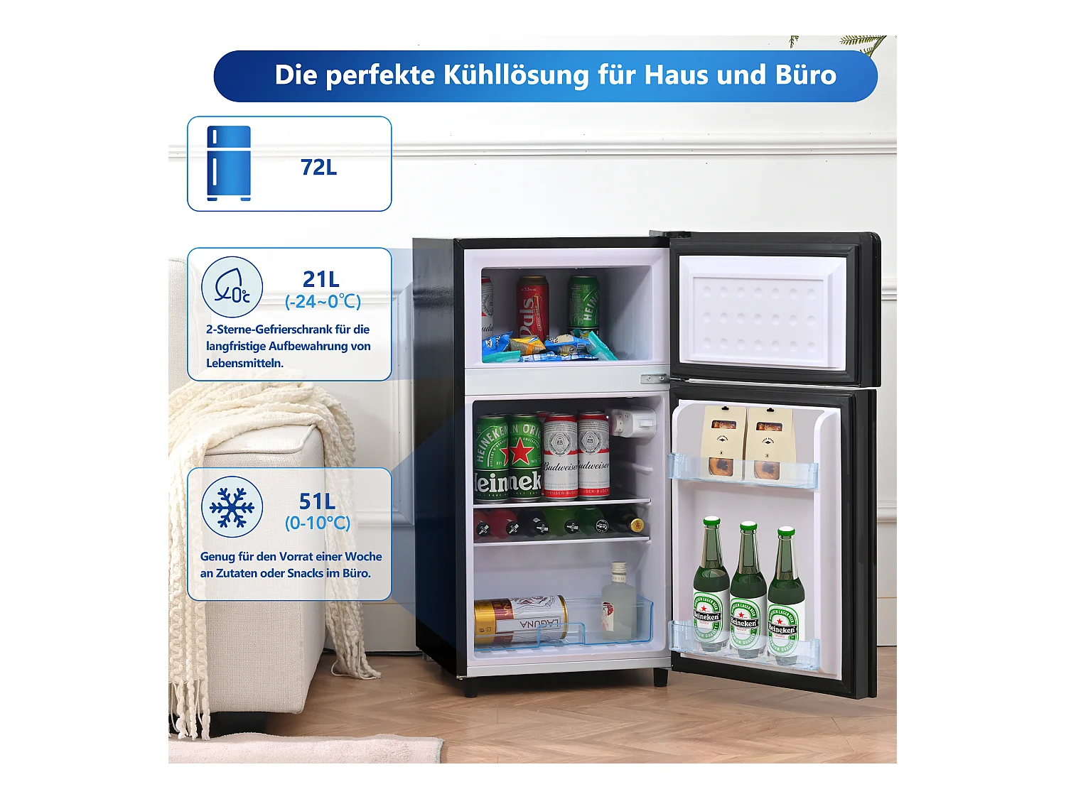 Mini Réfrigérateur 72L, 39dB, 7 Niveaux de Température, LED, R600a, Congélateur 21L, Réfrigérateur 51L, Acier Inox, Noir (49x44.5x86.5cm)