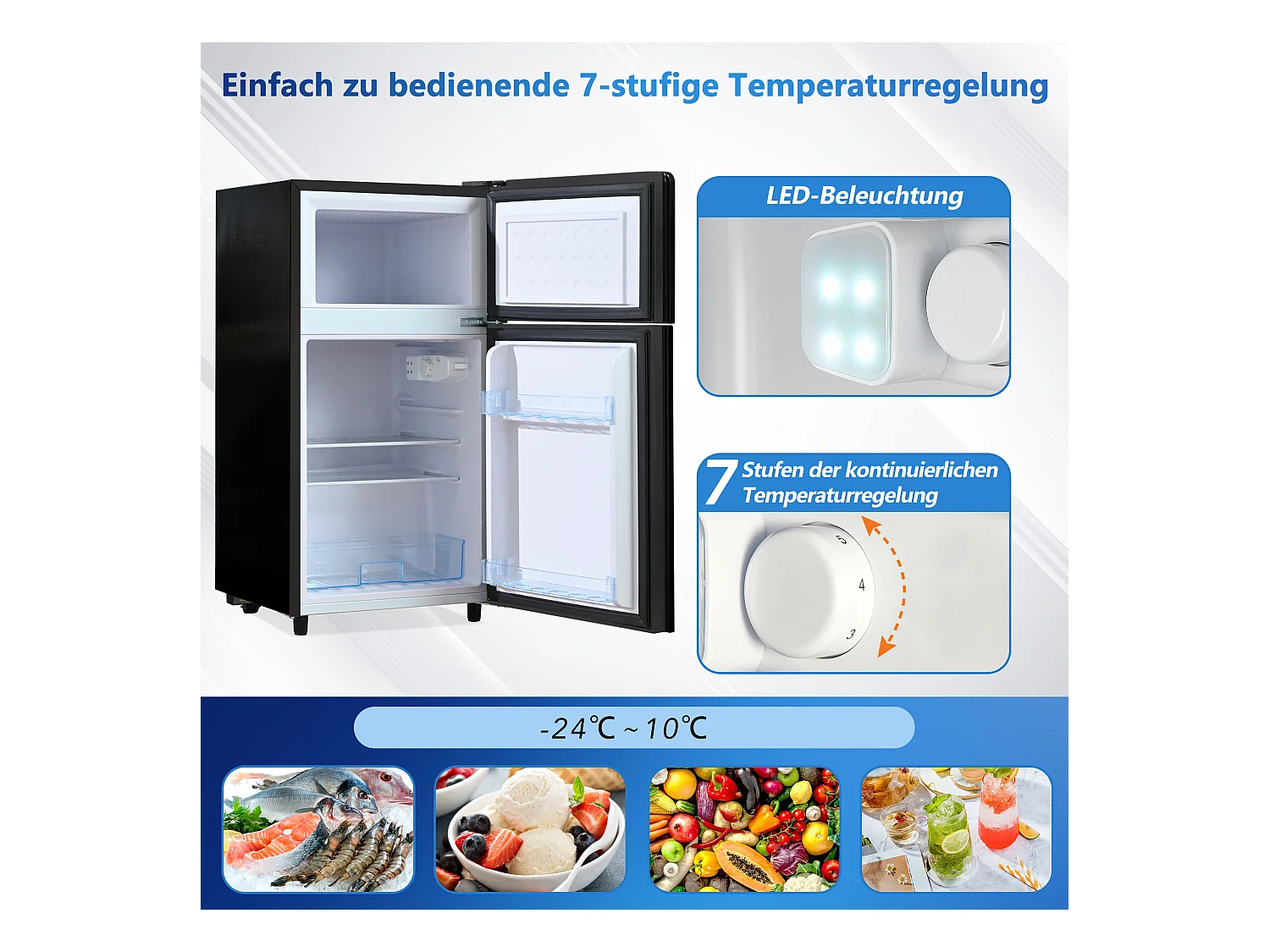 Mini Réfrigérateur 72L, 39dB, 7 Niveaux de Température, LED, R600a, Congélateur 21L, Réfrigérateur 51L, Acier Inox, Noir (49x44.5x86.5cm)