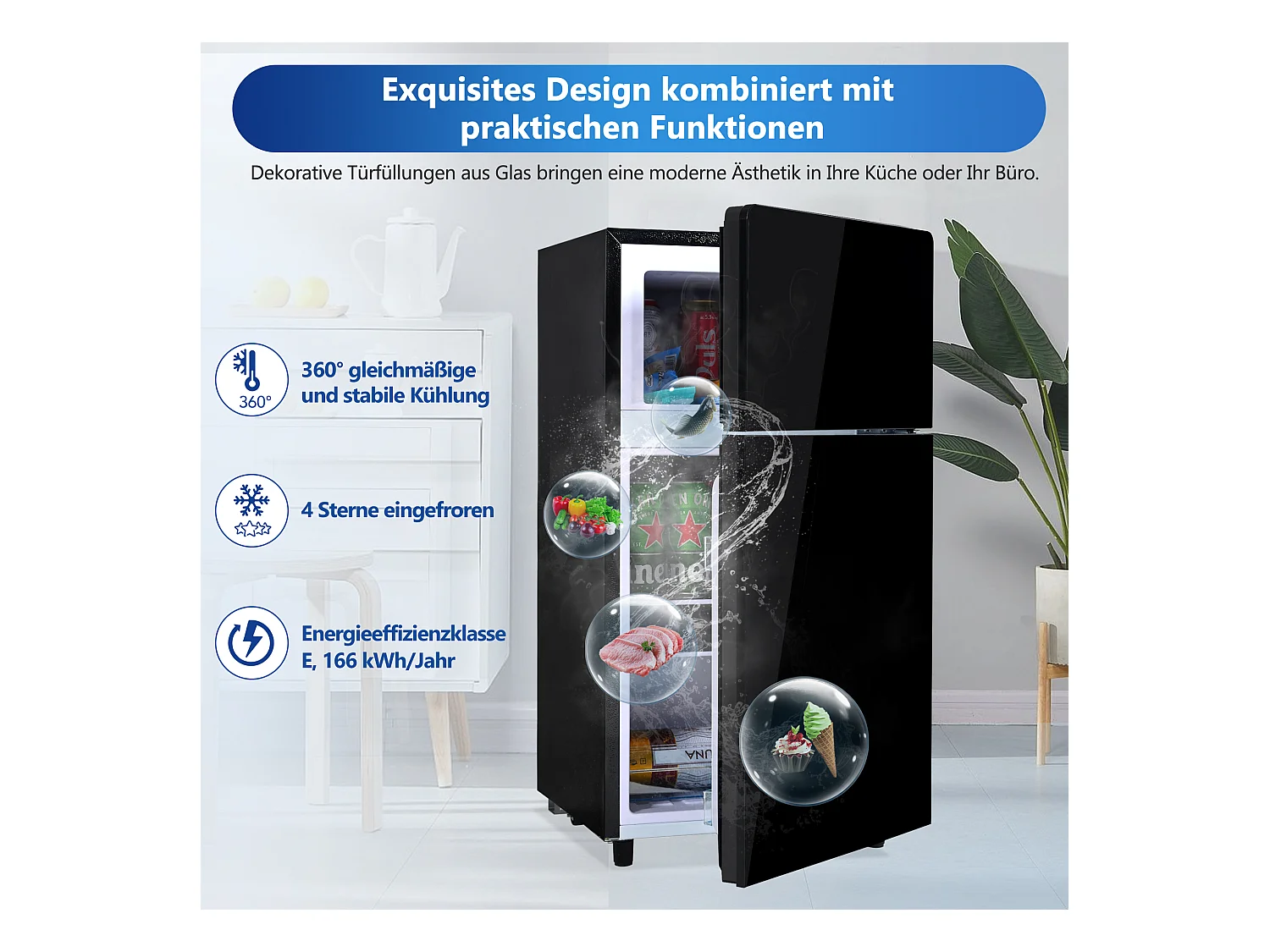 Mini Réfrigérateur 72L, 39dB, 7 Niveaux de Température, LED, R600a, Congélateur 21L, Réfrigérateur 51L, Acier Inox, Noir (49x44.5x86.5cm)