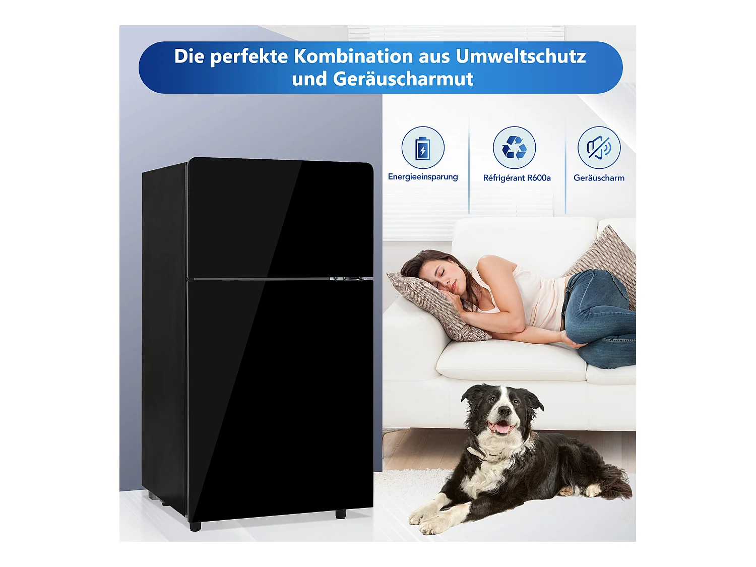 Mini Réfrigérateur 72L, 39dB, 7 Niveaux de Température, LED, R600a, Congélateur 21L, Réfrigérateur 51L, Acier Inox, Noir (49x44.5x86.5cm)