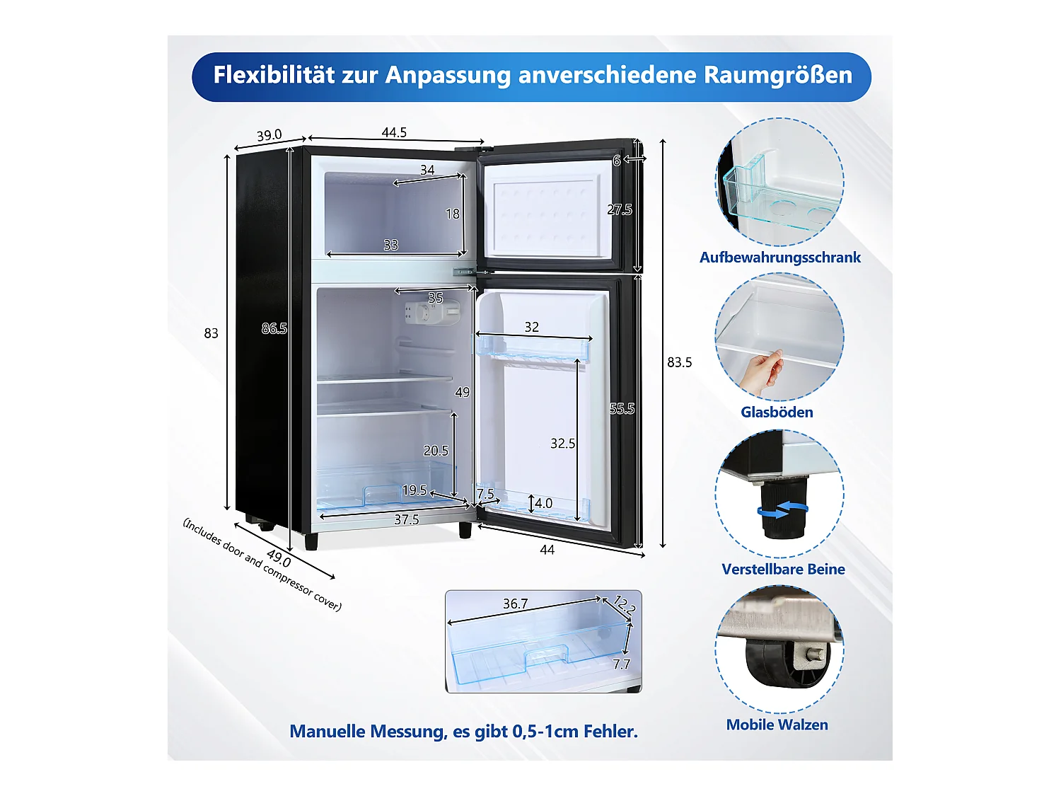 Mini Réfrigérateur 72L, 39dB, 7 Niveaux de Température, LED, R600a, Congélateur 21L, Réfrigérateur 51L, Acier Inox, Noir (49x44.5x86.5cm)