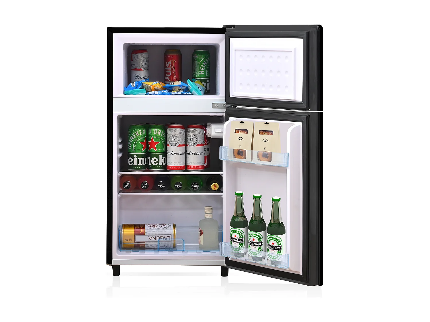 Minikoelkast 72L, 39dB, 7 temperatuurniveaus, LED, R600a, Congélateur 21L, koelkast 51L, Acier Inox, Zwart (49x44,5x86,5cm)