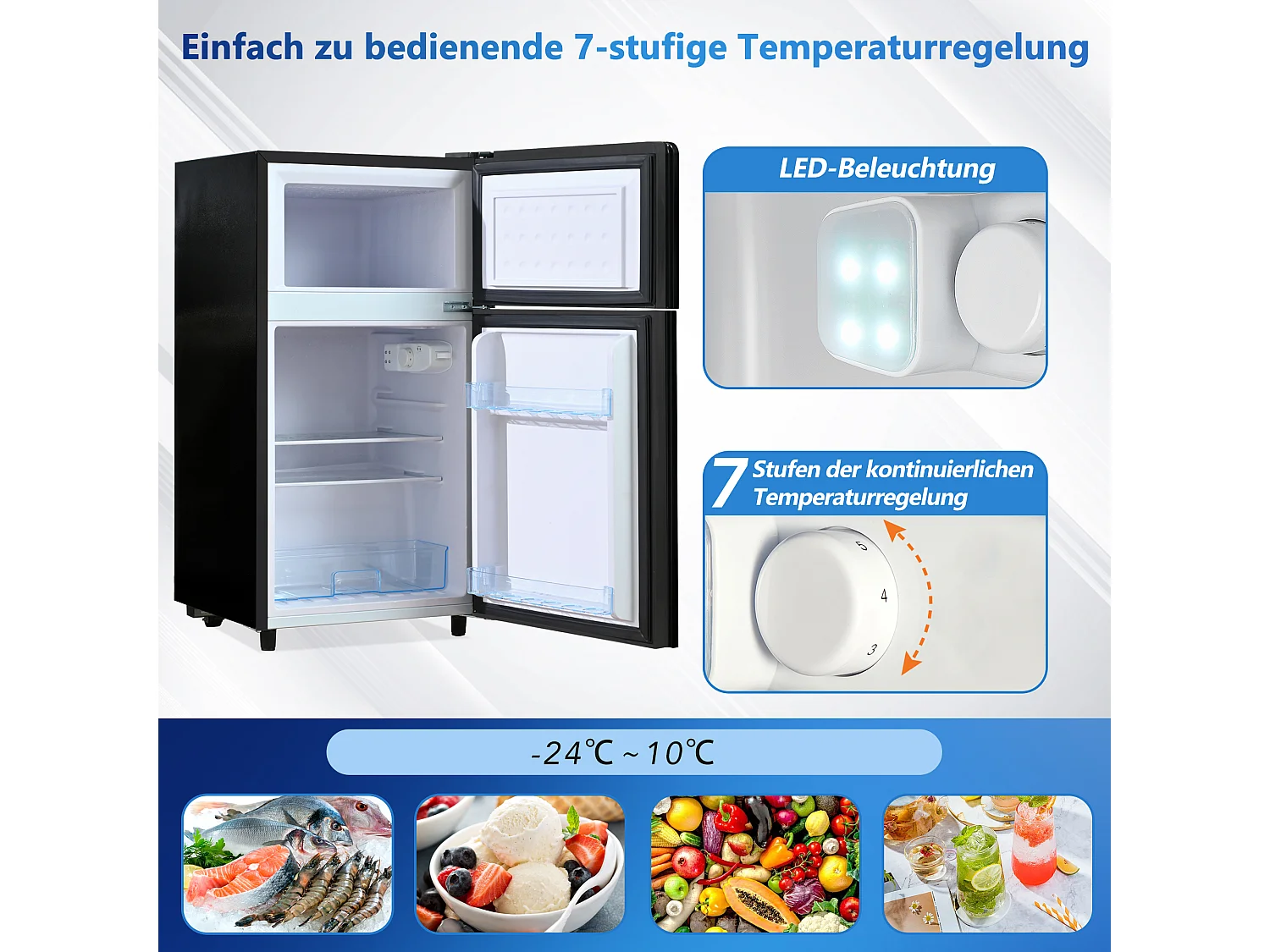 Minikoelkast 72L, 39dB, 7 temperatuurniveaus, LED, R600a, Congélateur 21L, koelkast 51L, Acier Inox, Zwart (49x44,5x86,5cm)