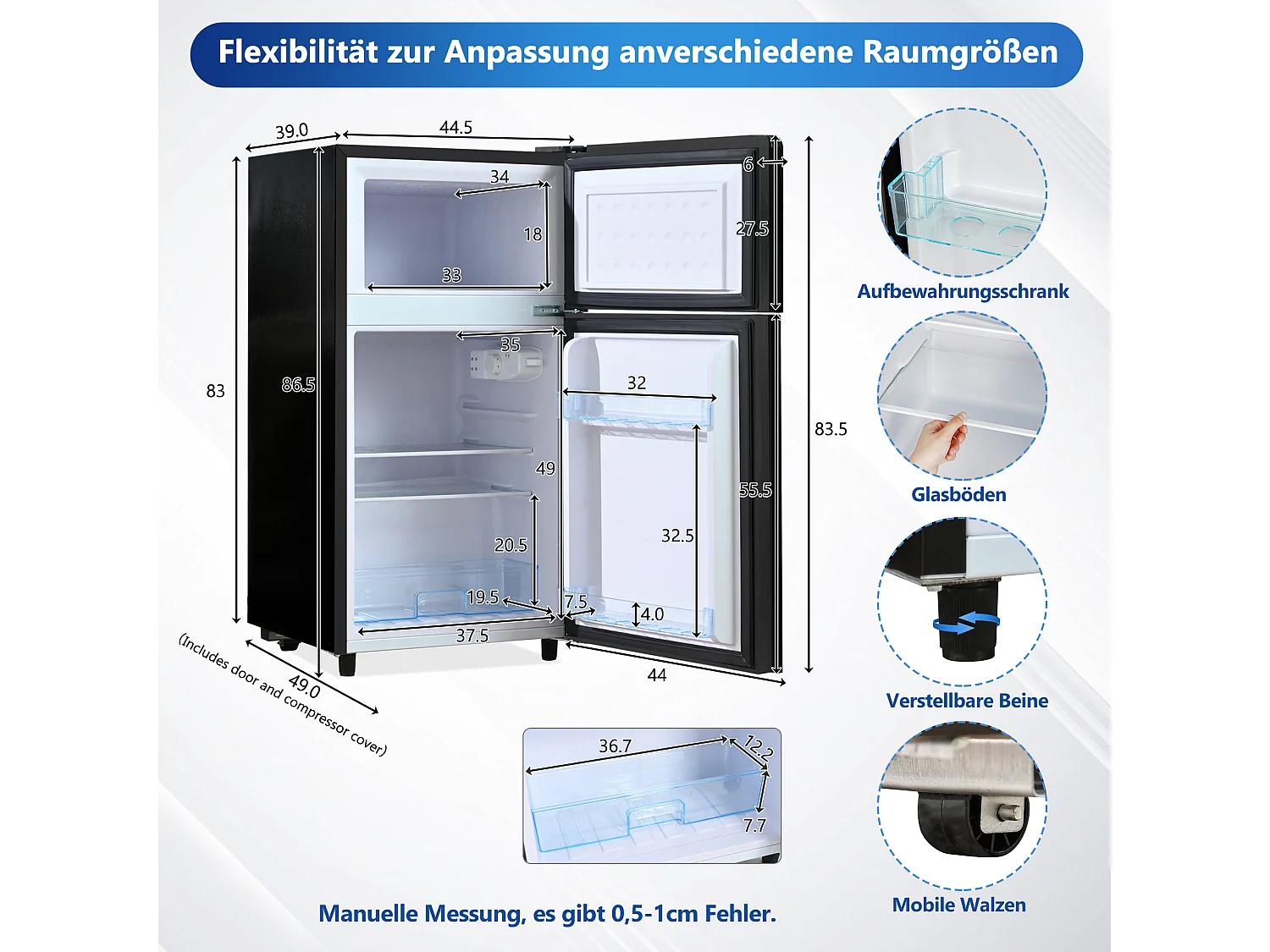 Minikoelkast 72L, 39dB, 7 temperatuurniveaus, LED, R600a, Congélateur 21L, koelkast 51L, Acier Inox, Zwart (49x44,5x86,5cm)
