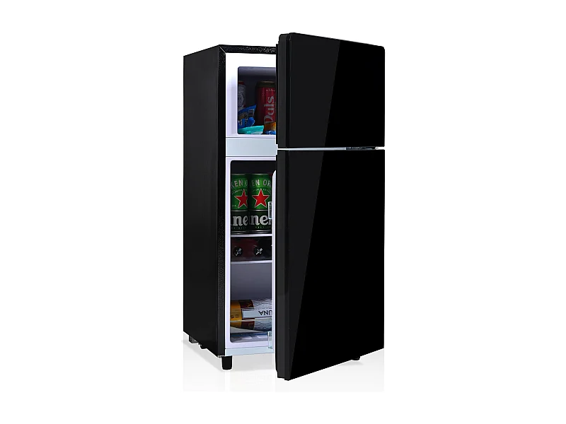 Mini Réfrigérateur 72L, 39dB, 7 Niveaux de Température, LED, R600a, Congélateur 21L, Réfrigérateur 51L, Acier Inox, Noir (49x44.5x86.5cm)