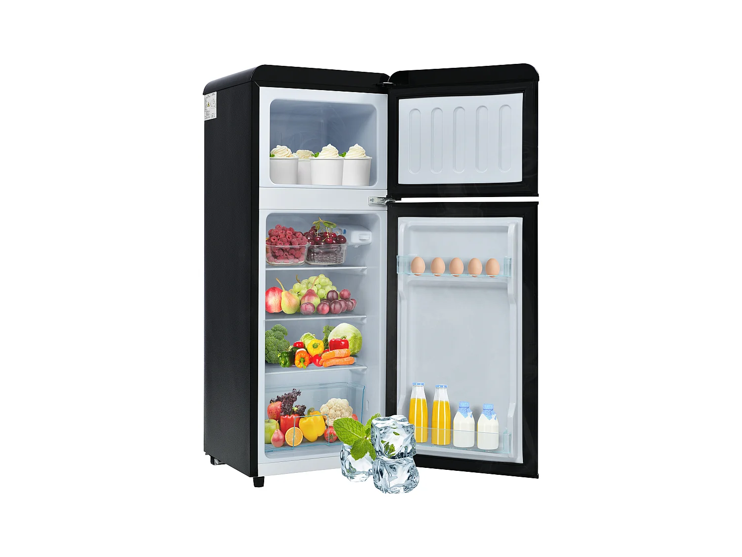 Mininevera retro, 92 L en total, congelador de 28 L, refrigerador de 64 L, clase energética D, LED, diseño moderno, color negro (105,5 x 41 x 45,5 cm)
