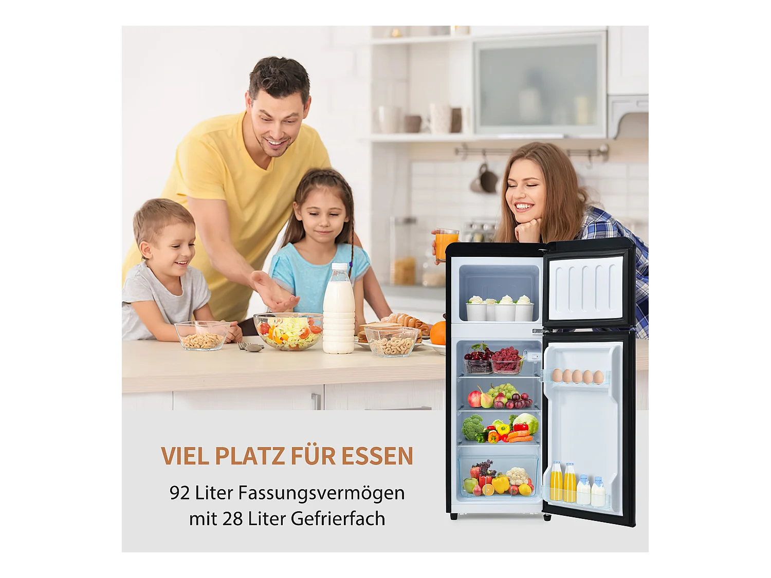 Mininevera retro, 92 L en total, congelador de 28 L, refrigerador de 64 L, clase energética D, LED, diseño moderno, color negro (105,5 x 41 x 45,5 cm)