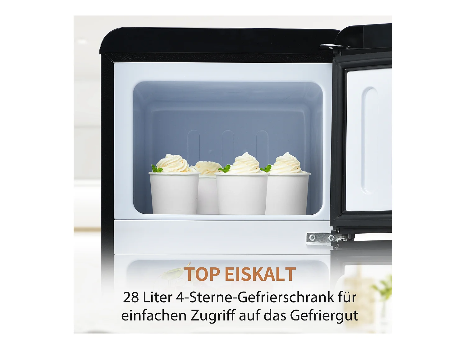 Mininevera retro, 92 L en total, congelador de 28 L, refrigerador de 64 L, clase energética D, LED, diseño moderno, color negro (105,5 x 41 x 45,5 cm)