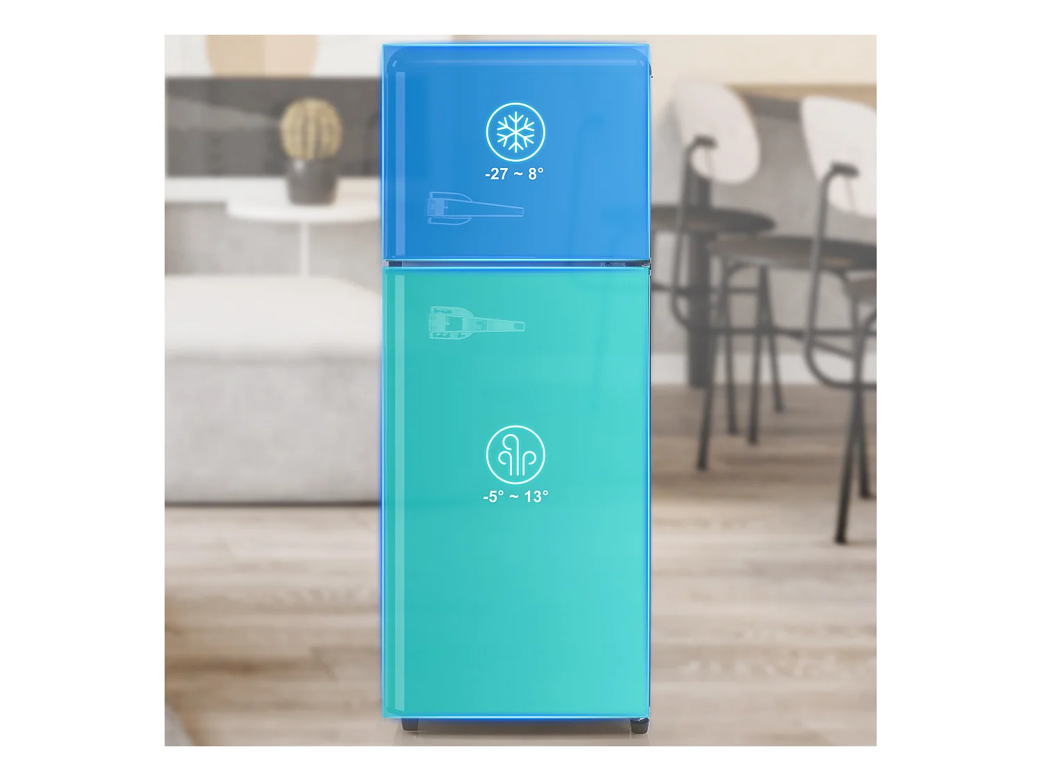 Mininevera retro, 92 L en total, congelador de 28 L, refrigerador de 64 L, clase energética D, LED, diseño moderno, color negro (105,5 x 41 x 45,5 cm)