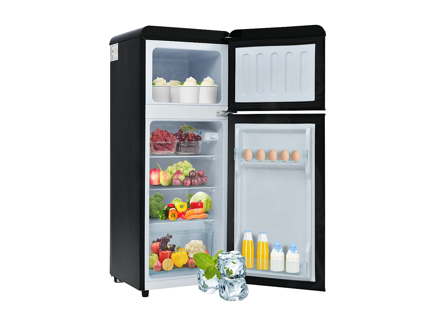 Minikoelkast Retro, 92 liter totaal, 28 liter congélateur, 64 liter koelkast, Energieklasse D, LED, Design Modern, Zwart (105,5x41x45,5cm)