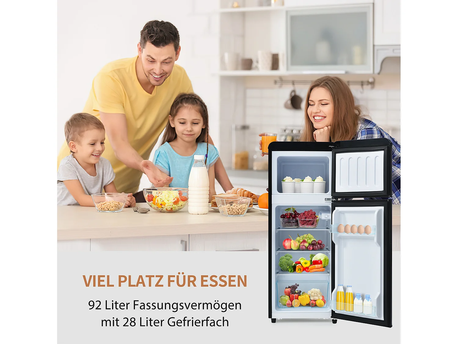 Minikoelkast Retro, 92 liter totaal, 28 liter congélateur, 64 liter koelkast, Energieklasse D, LED, Design Modern, Zwart (105,5x41x45,5cm)