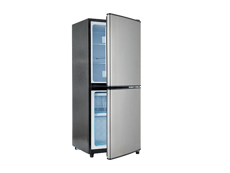 Mini refrigerador de 106 L, refrigerador de 60 L + congelador de 46 L, 7 niveles de temperatura, LED, acero inoxidable, negro y plateado (42,5 x 44,5 x 102 cm)