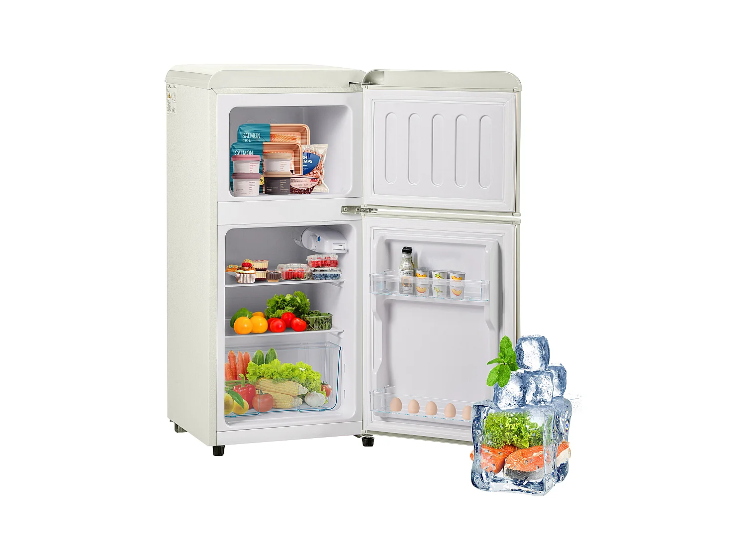 Mini Réfrigérateur Double Porte, 60L Total, 22L Congélateur, 38L Réfrigérateur, Classe Énergie E, LED, R600a, Plastique, Blanc Crème (88.8x45.5x42.5cm)