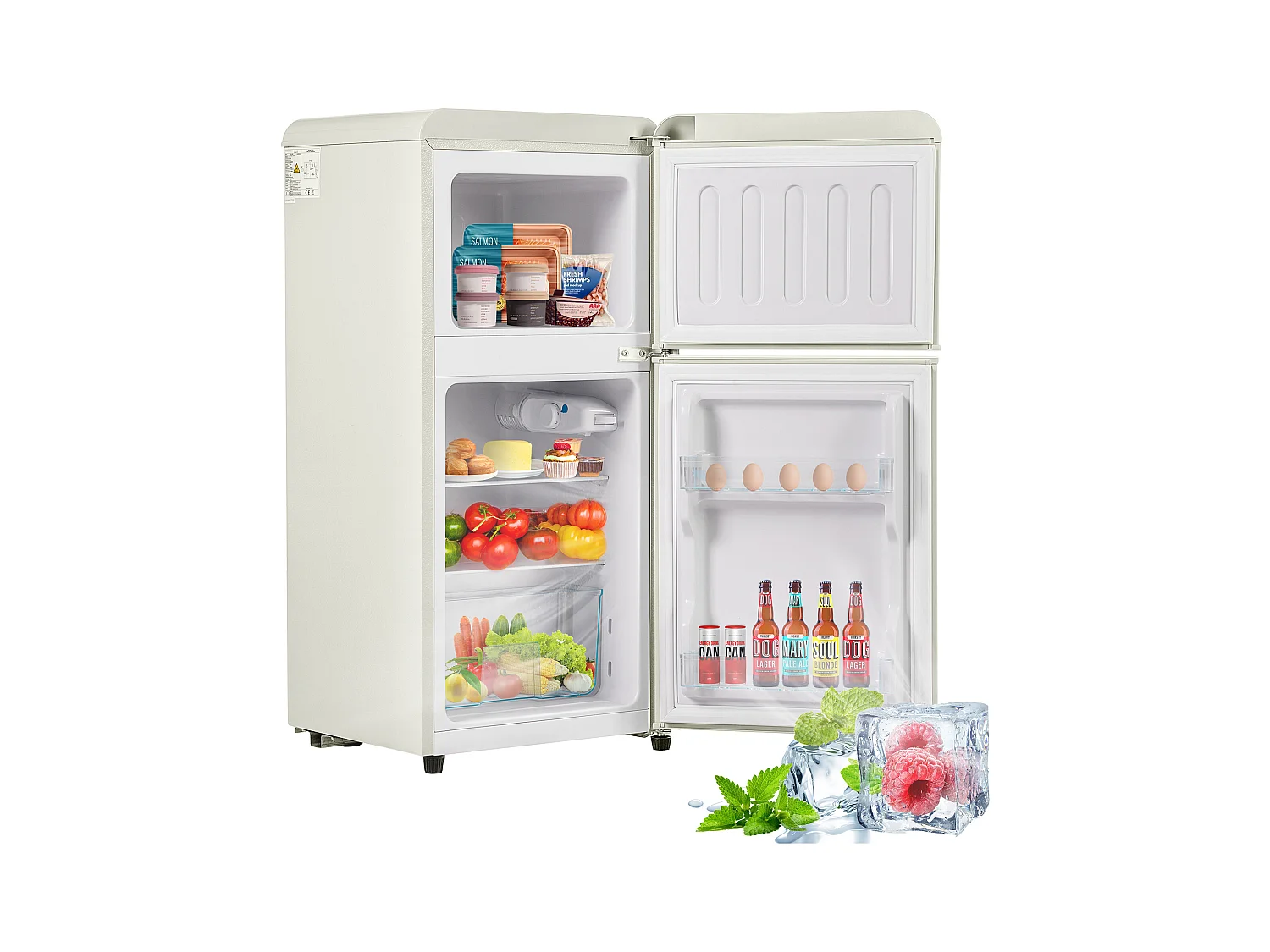 Mini Réfrigérateur Double Porte, 60L Total, 22L Congélateur, 38L Réfrigérateur, Classe Énergie E, LED, R600a, Plastique, Blanc Crème (88.8x45.5x42.5cm)