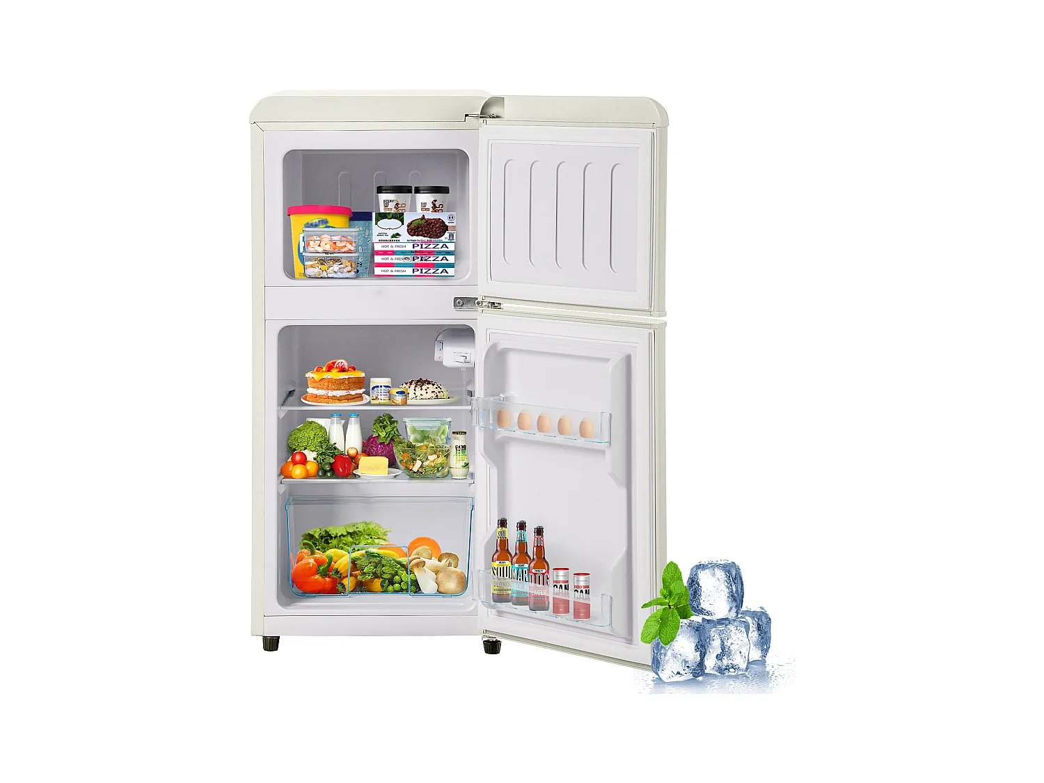 Mini Réfrigérateur Double Porte, 60L Total, 22L Congélateur, 38L Réfrigérateur, Classe Énergie E, LED, R600a, Plastique, Blanc Crème (88.8x45.5x42.5cm)