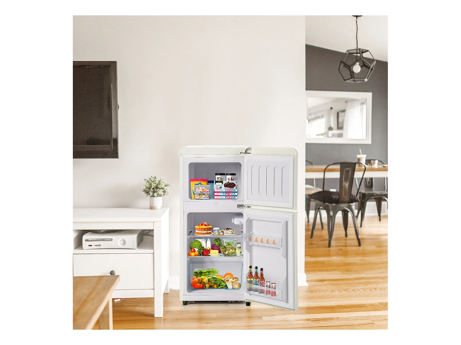 Mini Réfrigérateur Double Porte, 60L Total, 22L Congélateur, 38L Réfrigérateur, Classe Énergie E, LED, R600a, Plastique, Blanc Crème (88.8x45.5x42.5cm)